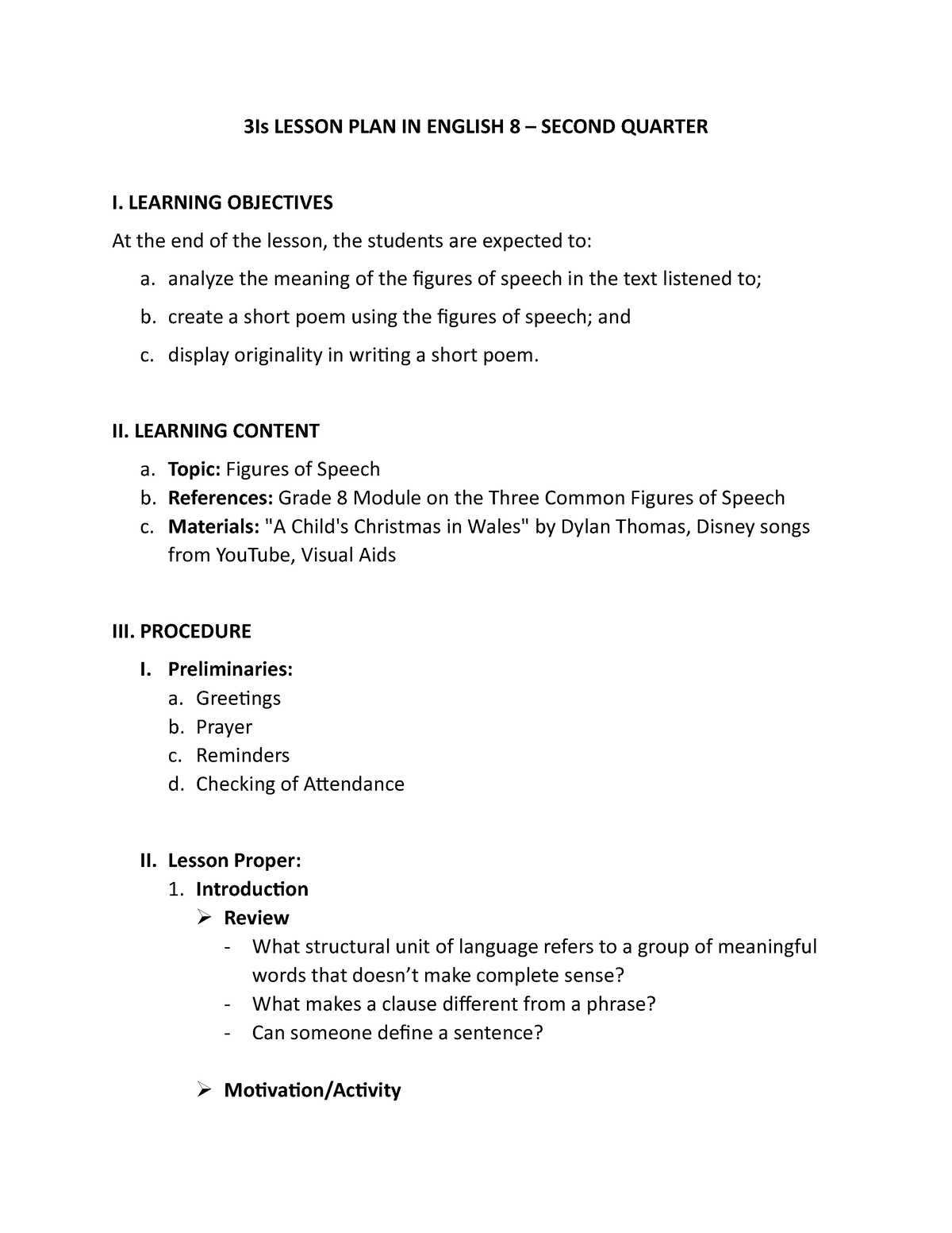 3is Lesson Plan - 3is Lesson Plan In English 8 – Second Quarter I 