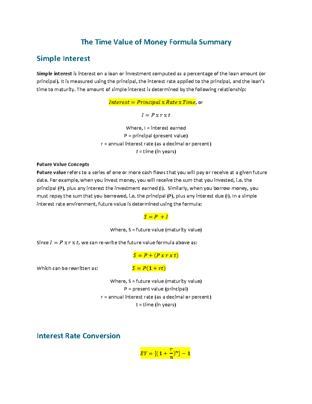 Time Value Of Money Formula Summary - It Is Measured Using The ...