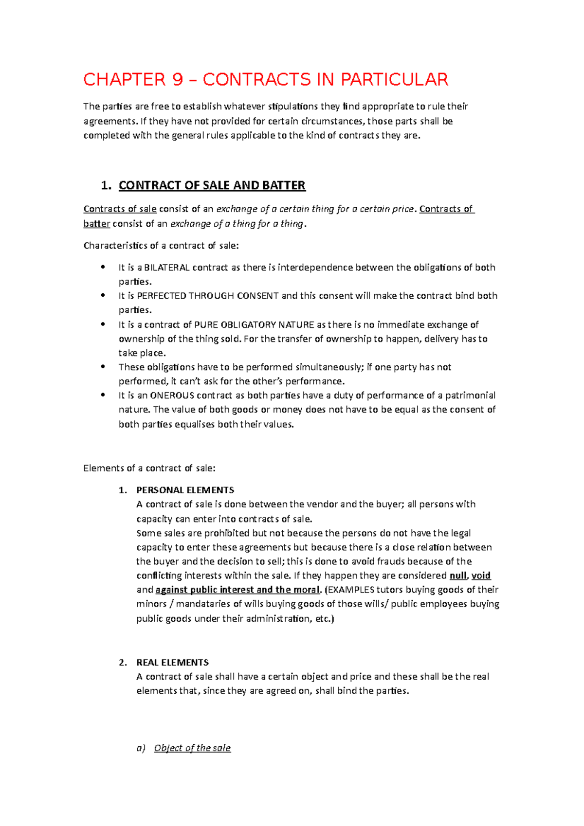 Chapter 9 apuntes - CHAPTER 9 – CONTRACTS IN PARTICULAR The parties are ...
