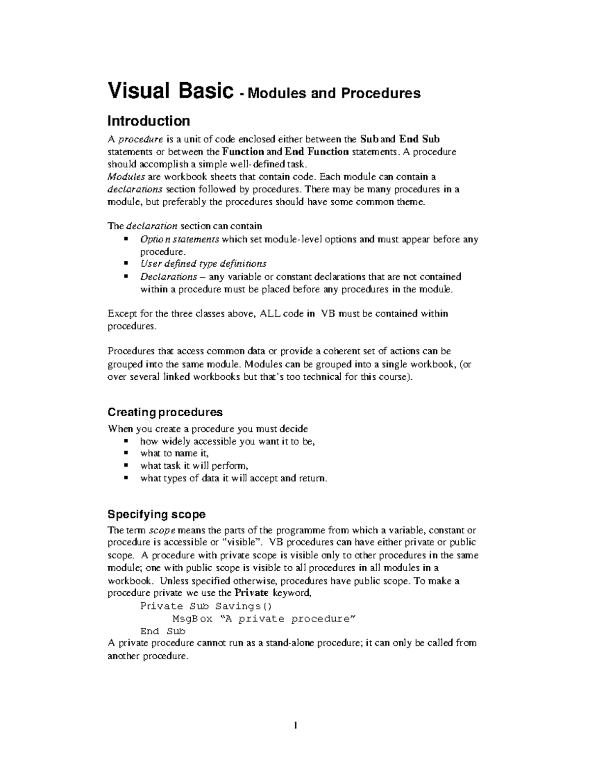 VISUAL BASIC NOTES - Visual Basic - Modules and Procedures Introduction ...