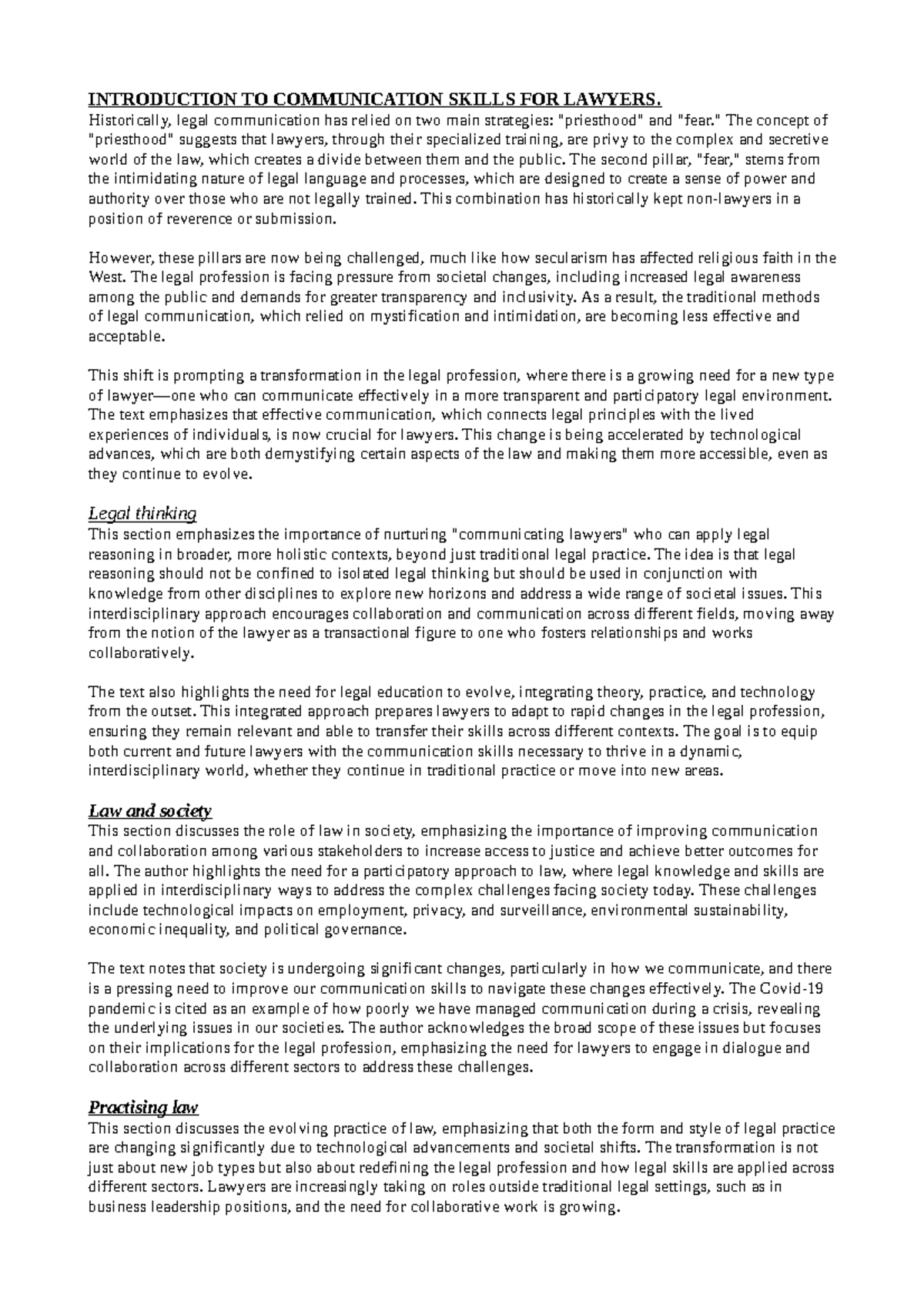 Topic 1 communication skills for laywers summarry - INTRODUCTION TO ...