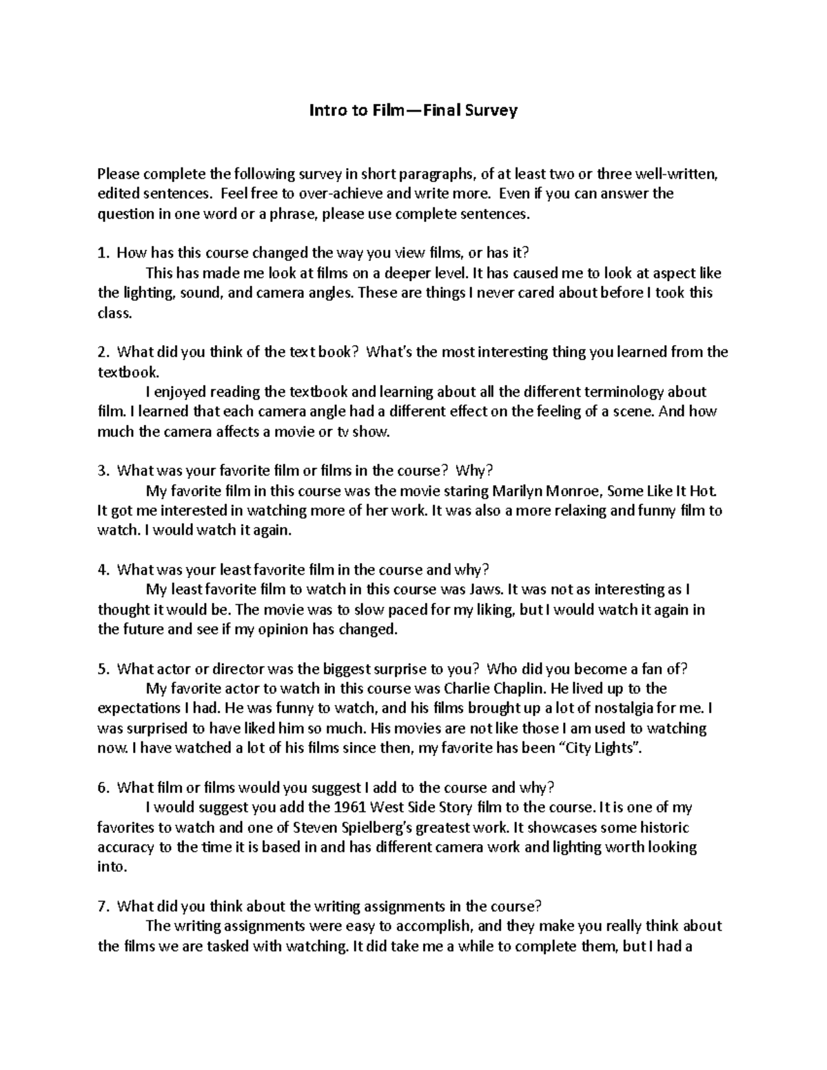 Ocampo Final Intro to Film Intro to Film—Final Survey Please complete