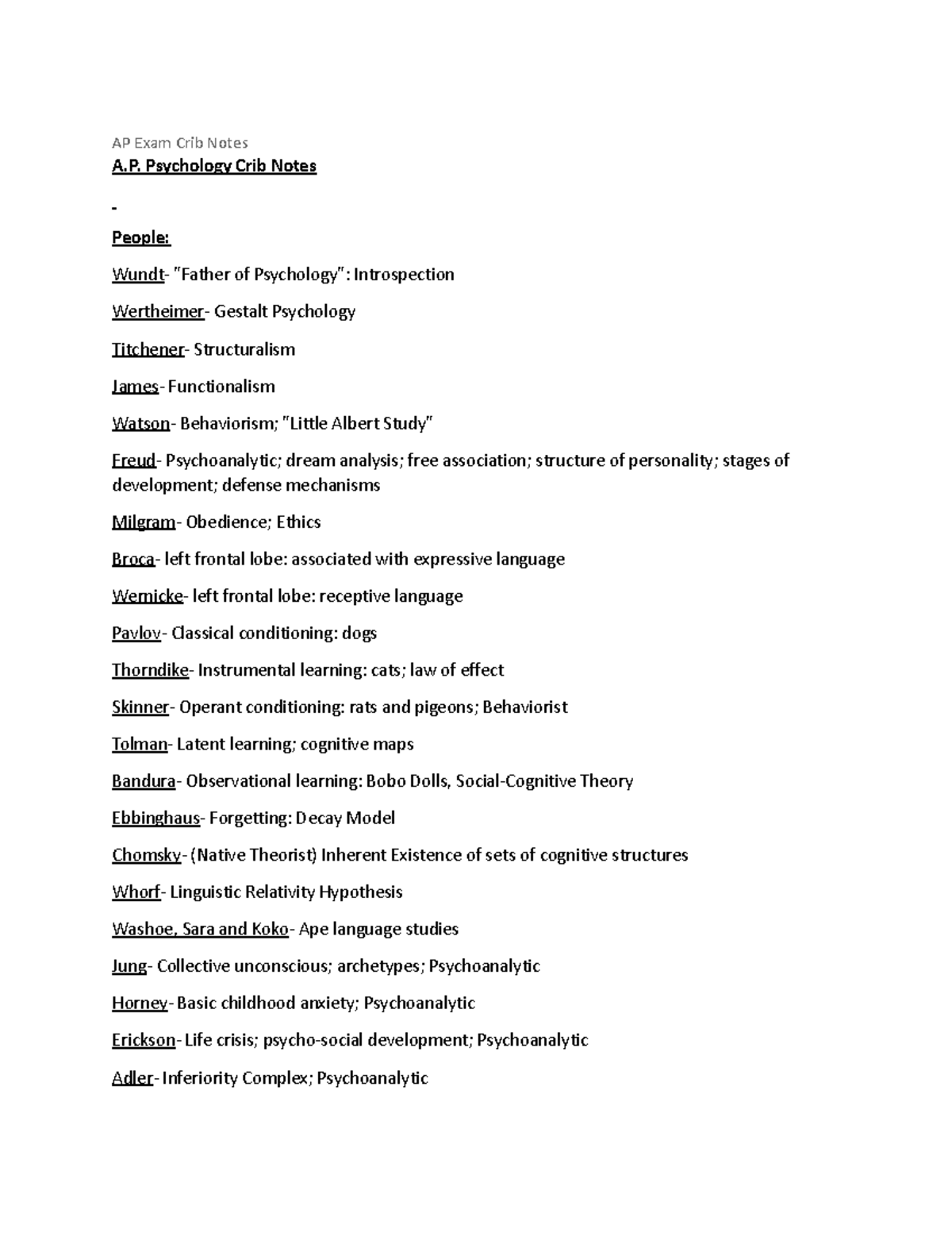 Document 167 copy Period AP Exam Crib Notes A. Psychology Crib Notes People Wundt "Father
