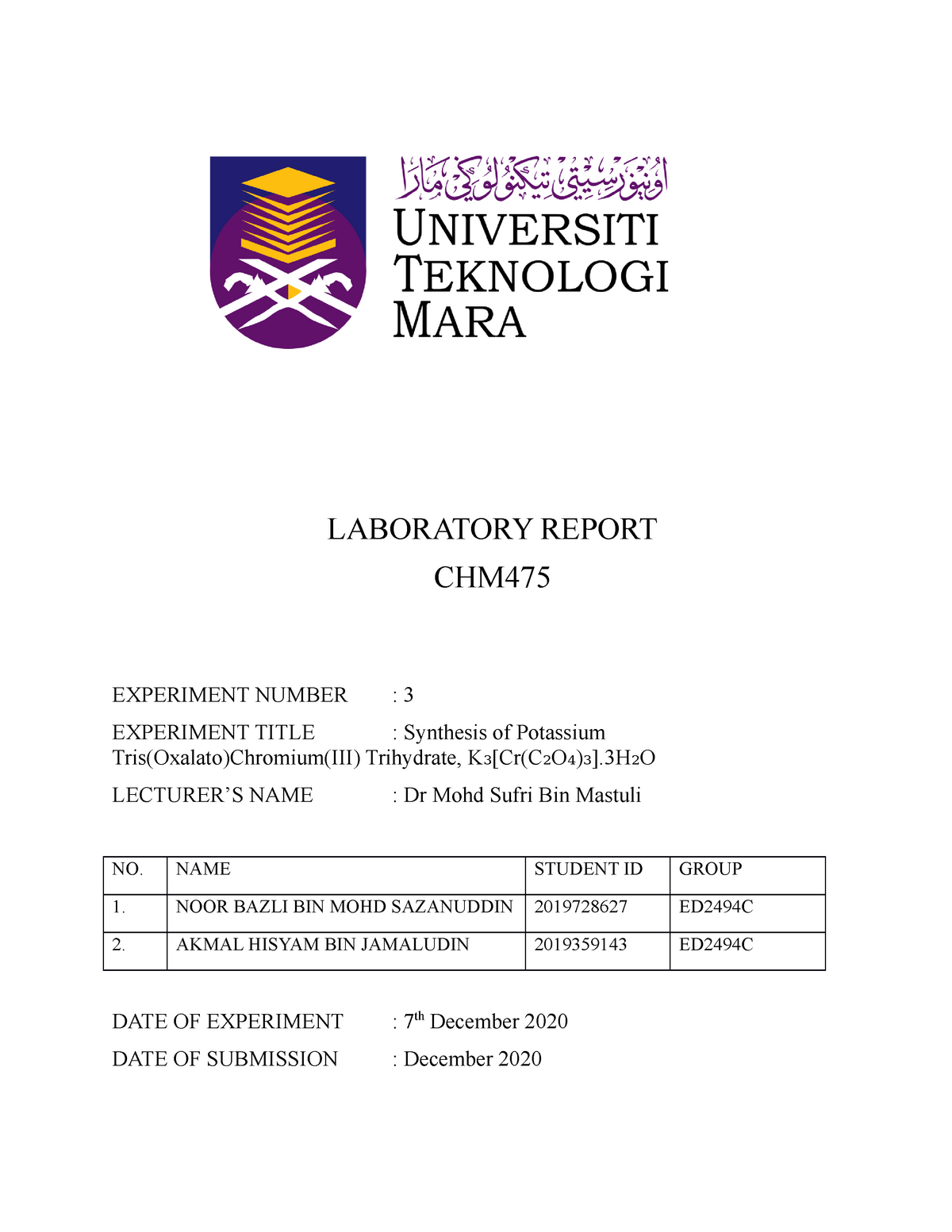 lab report chemistry experiment 3 matriculation