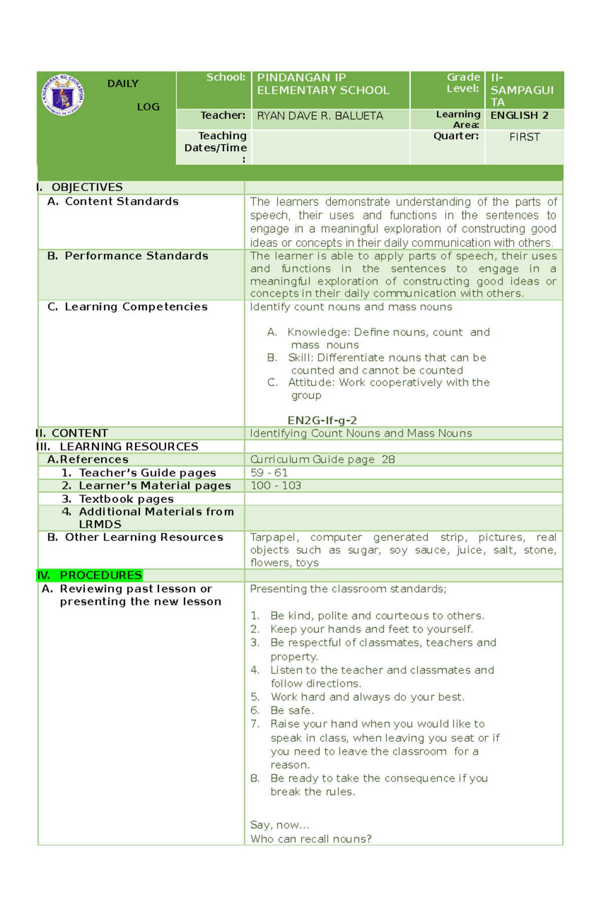 Grade 2 English CO 1 version 1 DAILY LESSON LOG School PINDANGAN IP