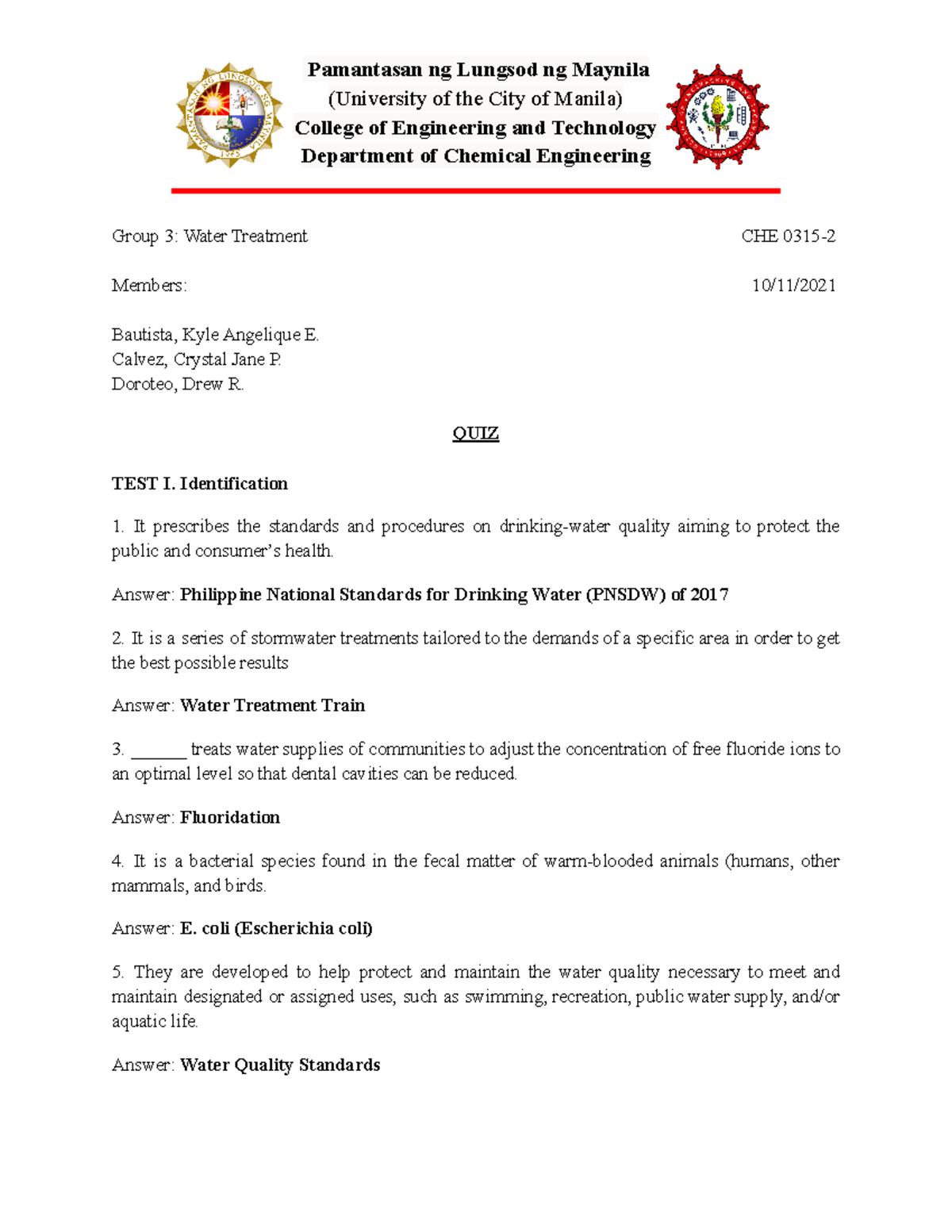 CHE03152 Group 3 Water Treatment Quiz Pamantasan ng Lungsod ng