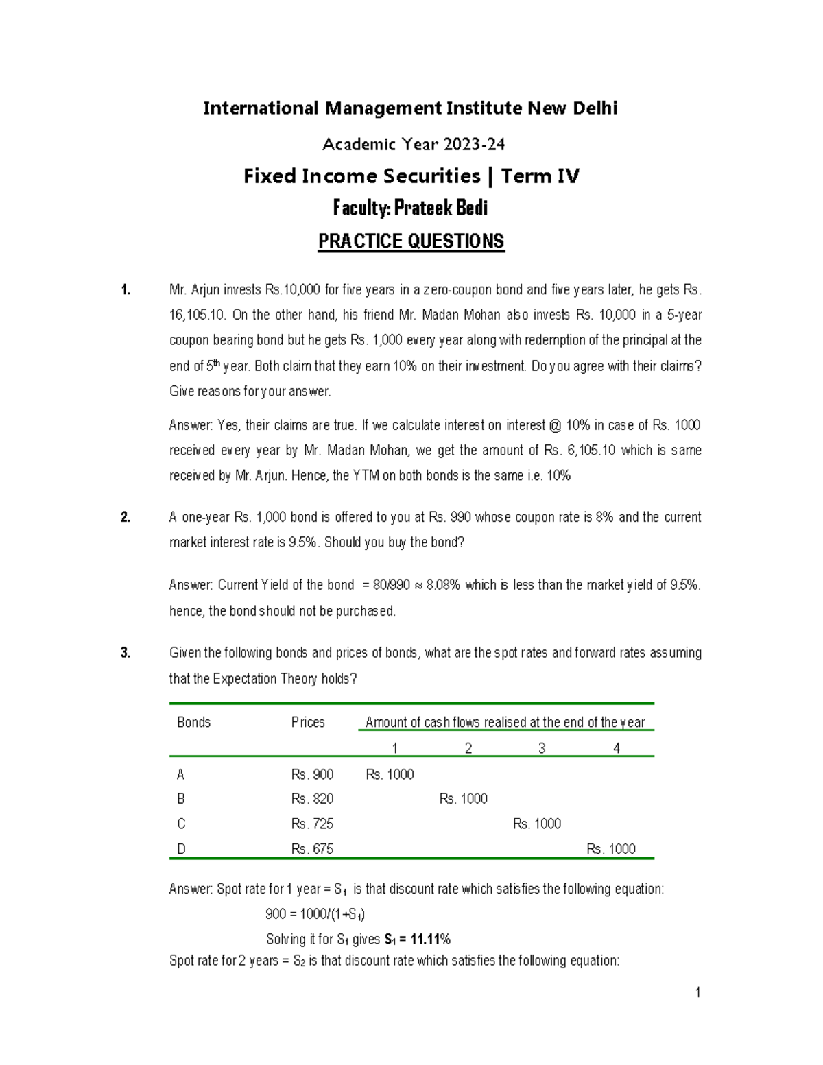 Practice Questions Fixed Income Securities 2023 - International ...