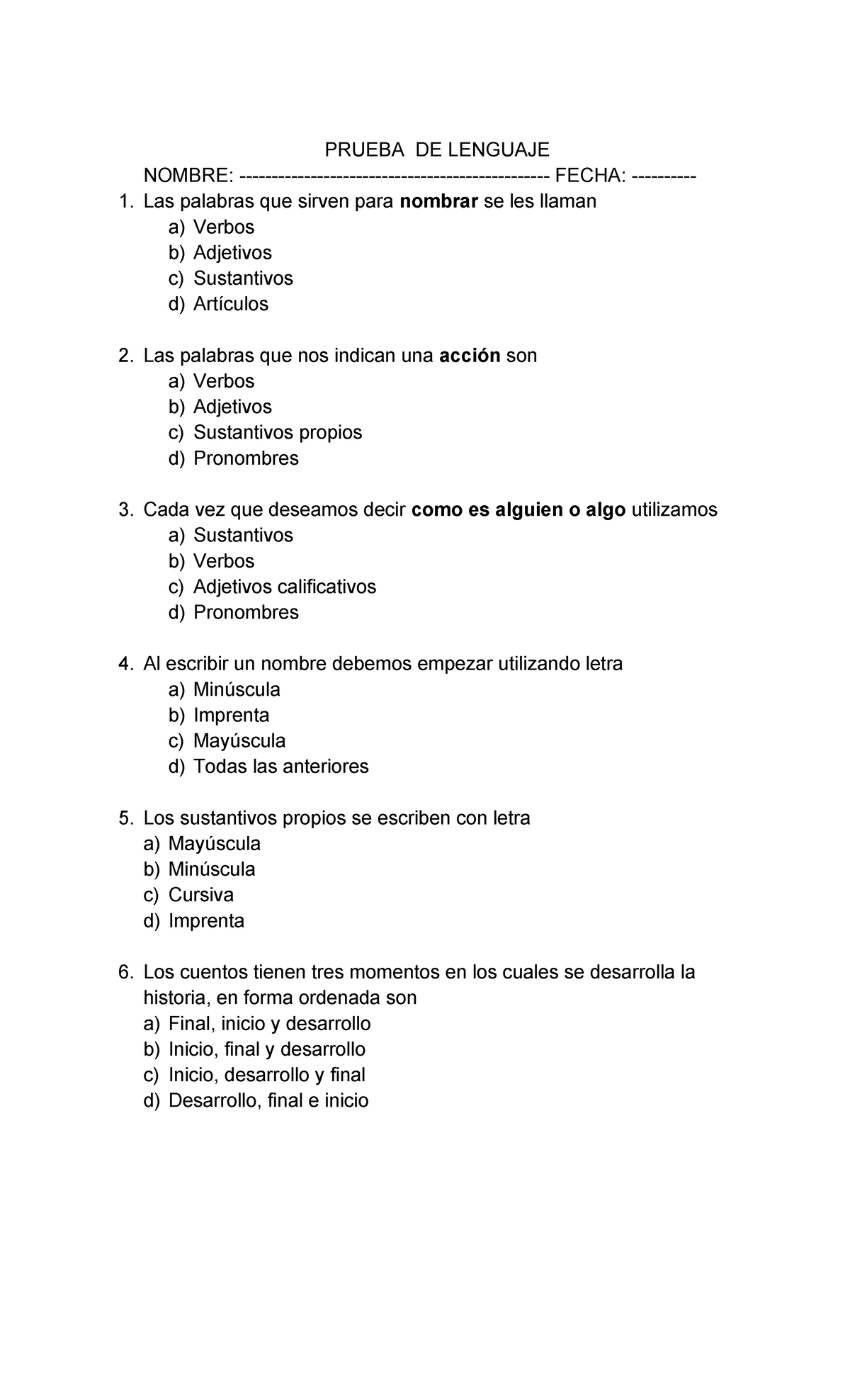 Prueba DE Lenguaje - PRUEBA DE LENGUAJE NOMBRE: - FECHA: - Las palabras ...