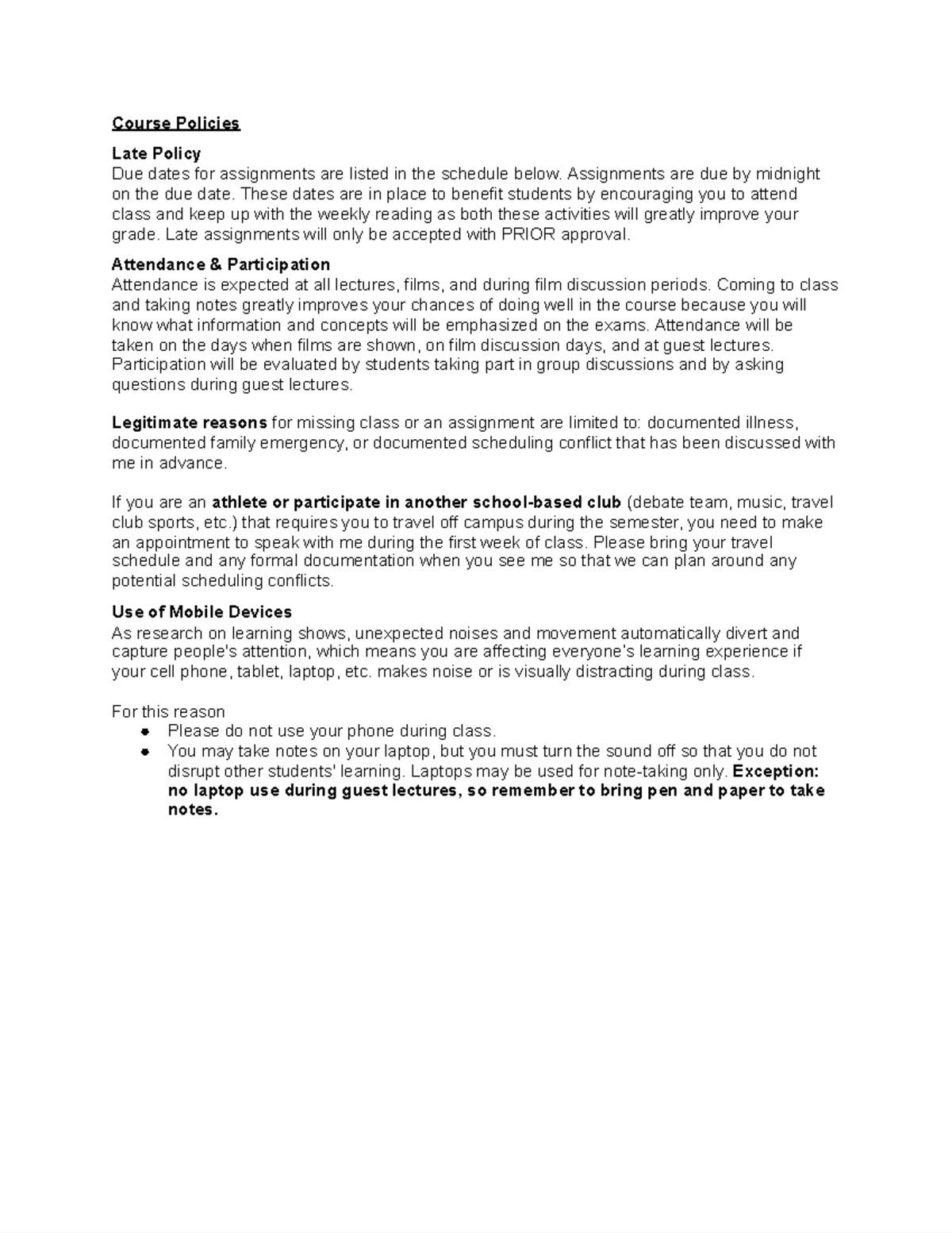 Course Policies Medical AnthroHumn Bio.& Hlth Course Policies Late