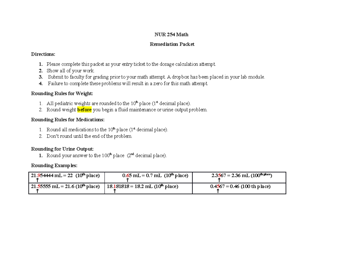 Math Remediation254 Dosage cal NUR 254 Math Remediation Packet