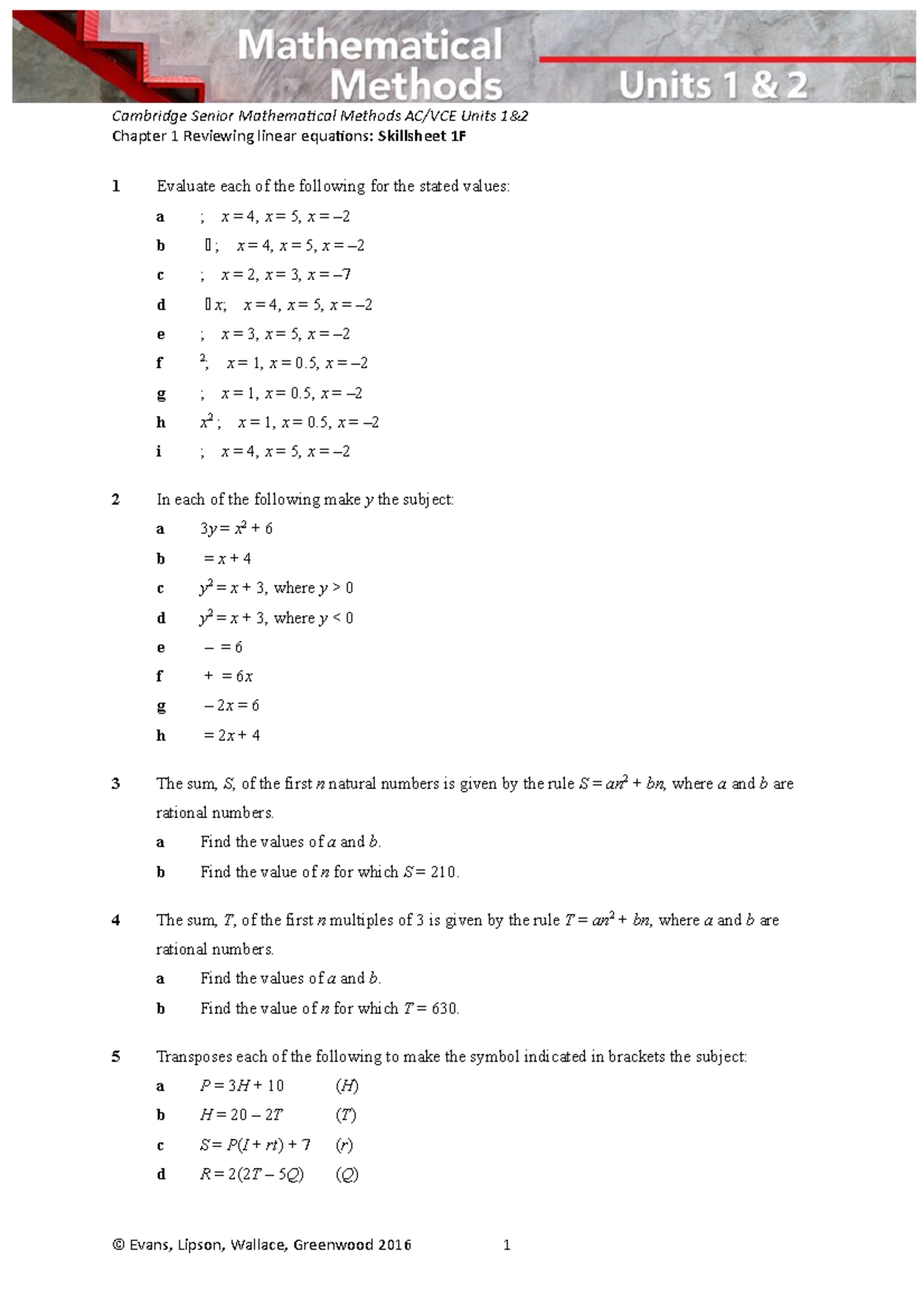 Skillsheet 01F class notes Cambridge Senior Mathematical Methods AC/VCE Units 1& Chapter 1