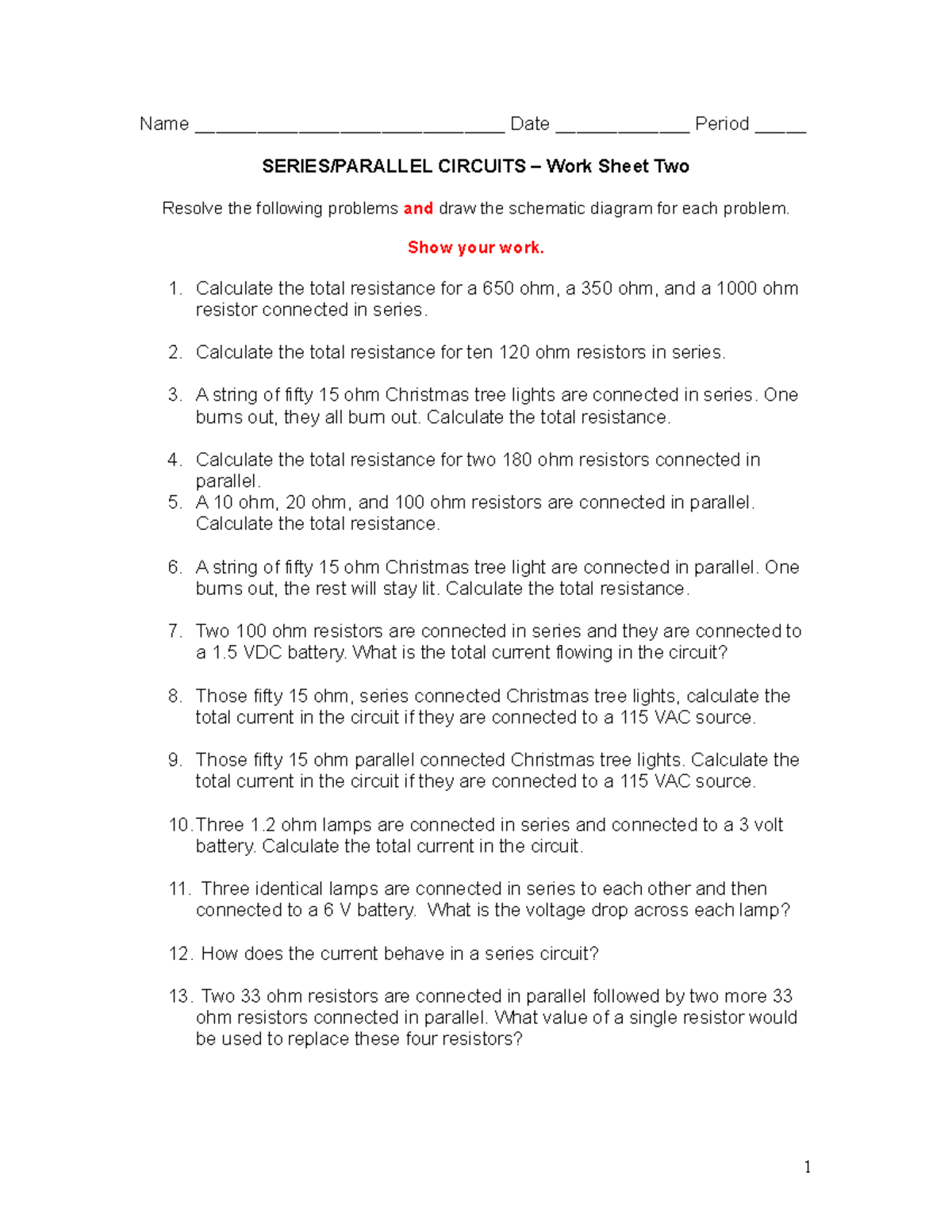 Series parallel circuits worksheet 02 - Electrical BSEE ...