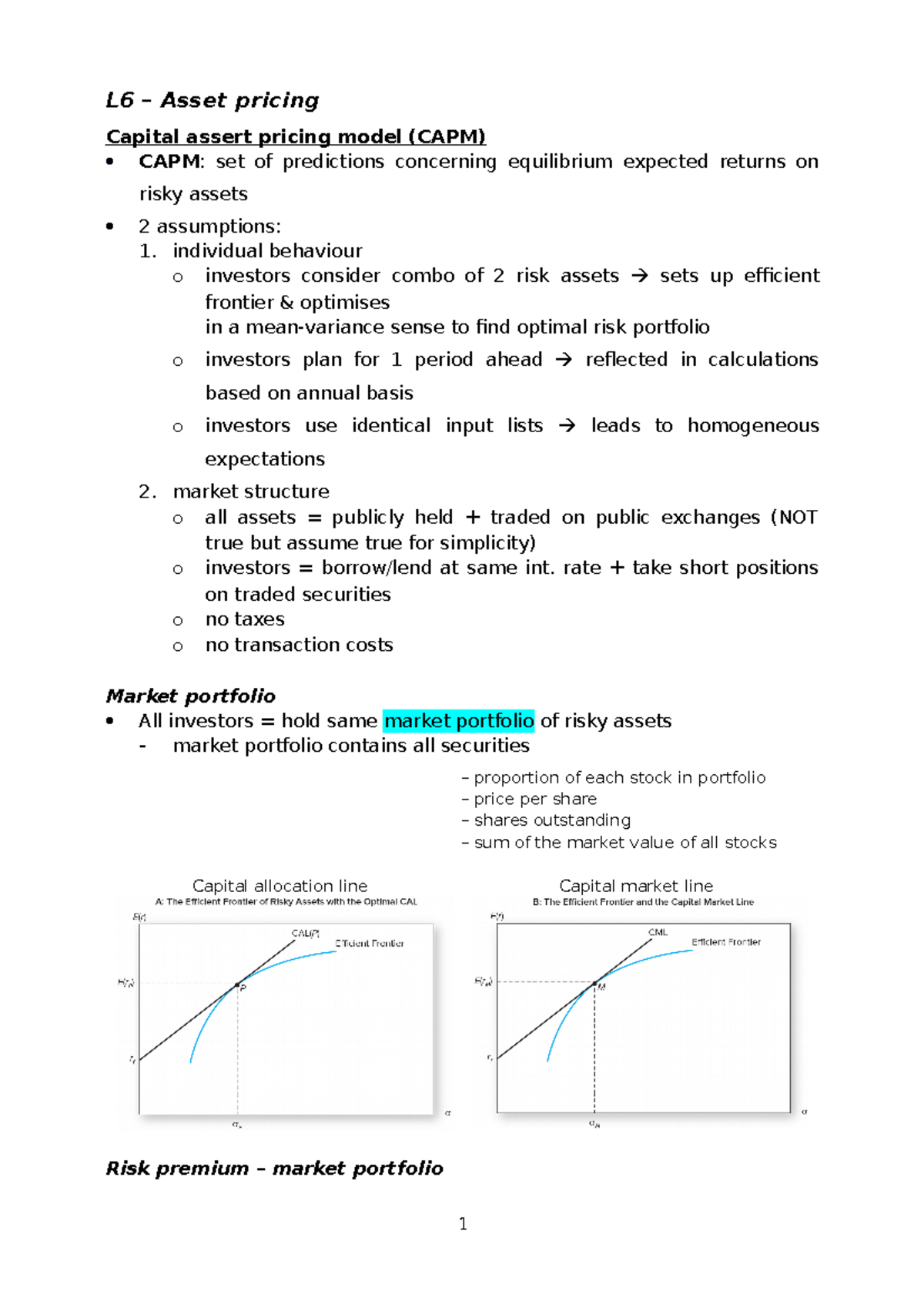 Week 6 - Asset Pricing - Week 6 notes - L6 – Asset pricing Capital ...