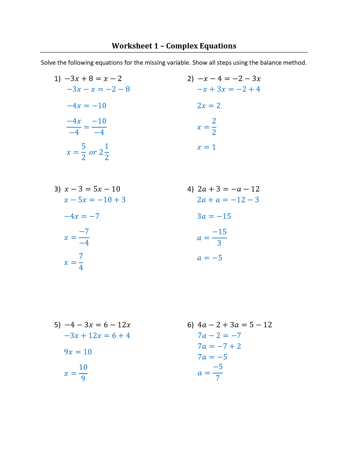 Worksheets - Week 6 - 3 Solving complex equations Solutions - Worksheet ...