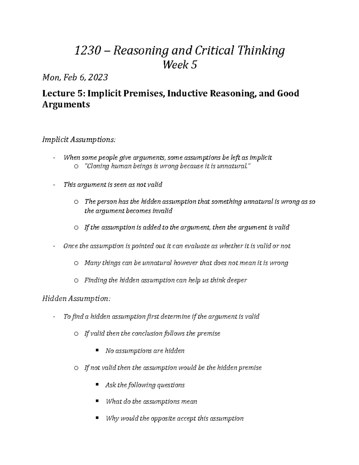 1230 Week 5 - Weekly Lecture Notes - 1230 – Reasoning and Critical ...