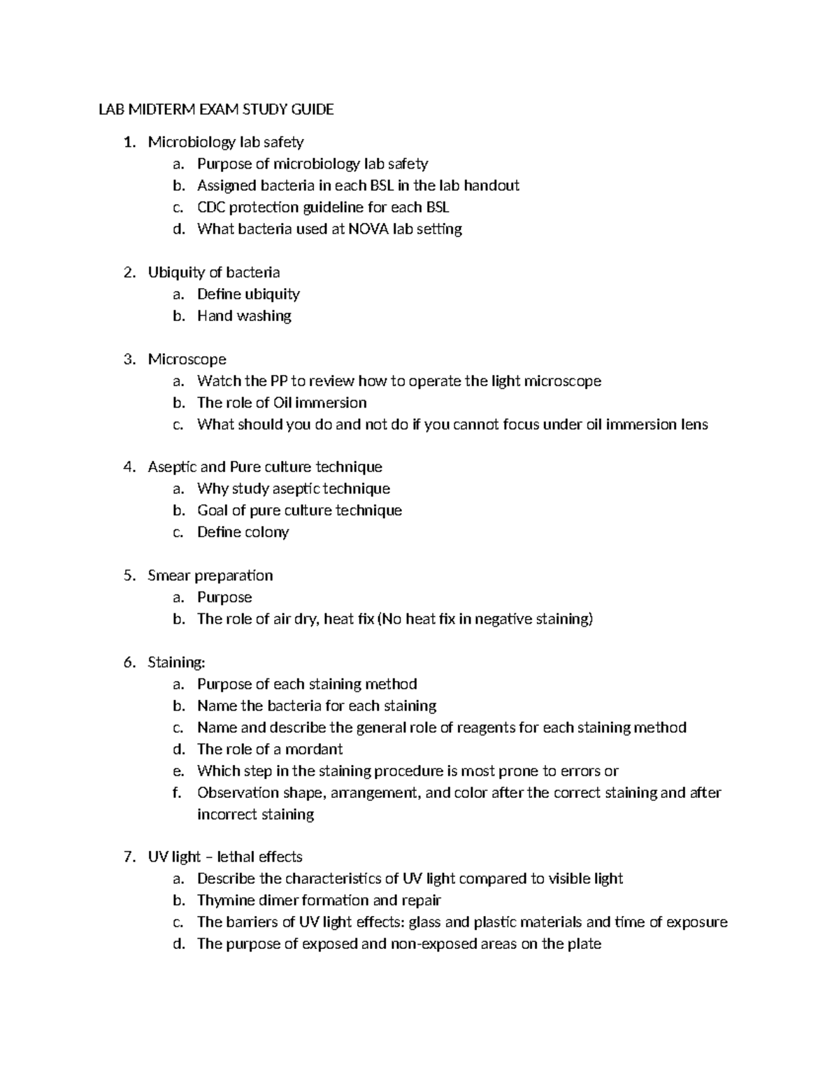 Study Guide Lab Midterm LAB MIDTERM EXAM STUDY GUIDE Microbiology lab