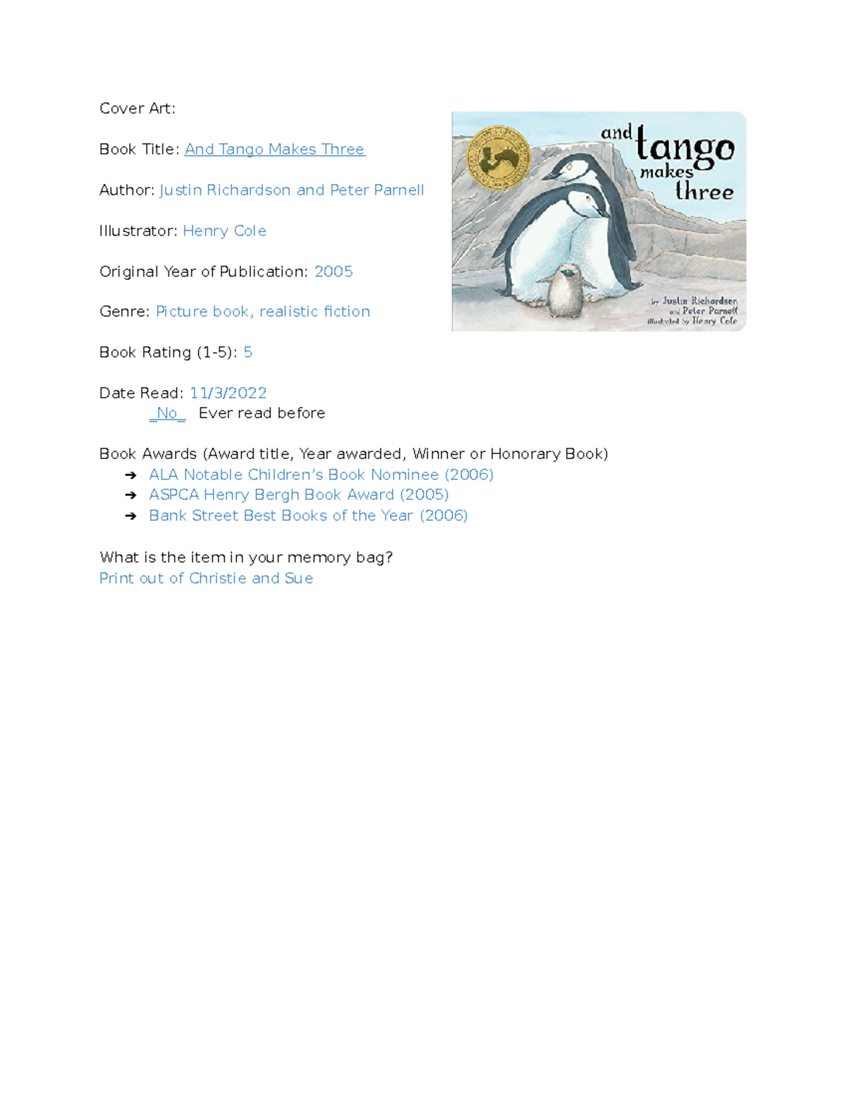 And Tango Makes Three memory bag activity form - Cover Art: Book Title ...