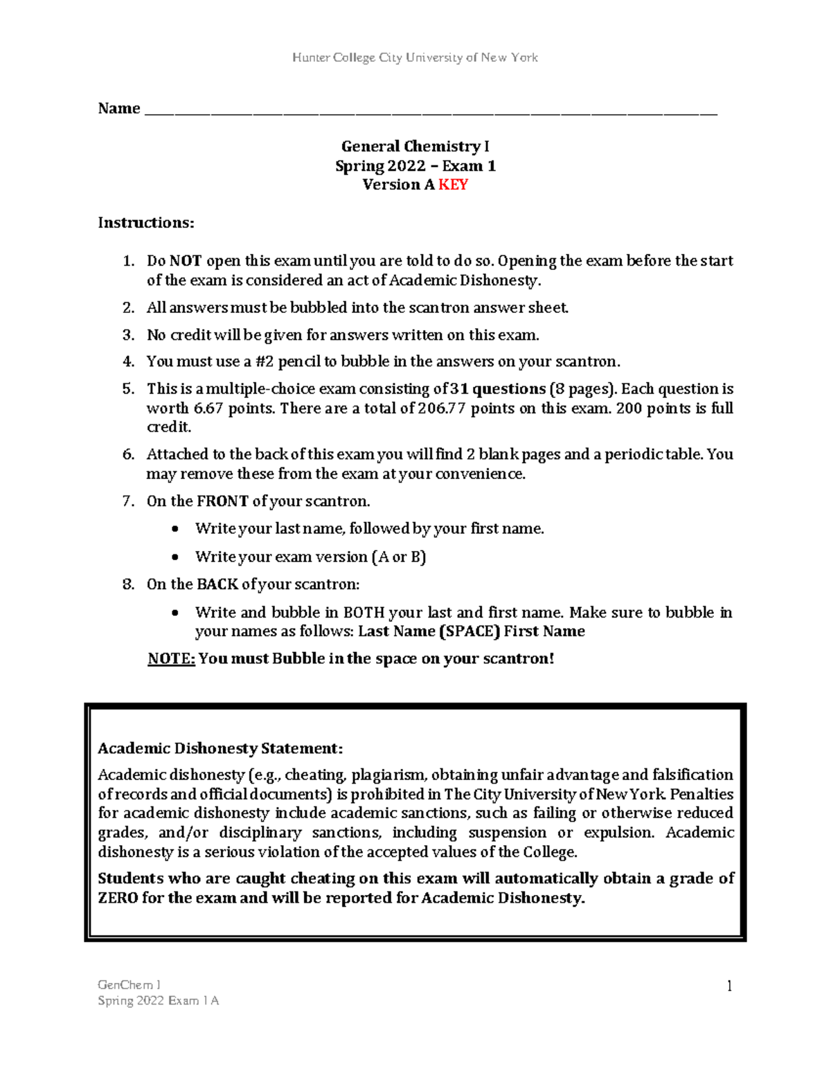 Exam 1 2022 Spring - GenChem I 1 Name - Studocu