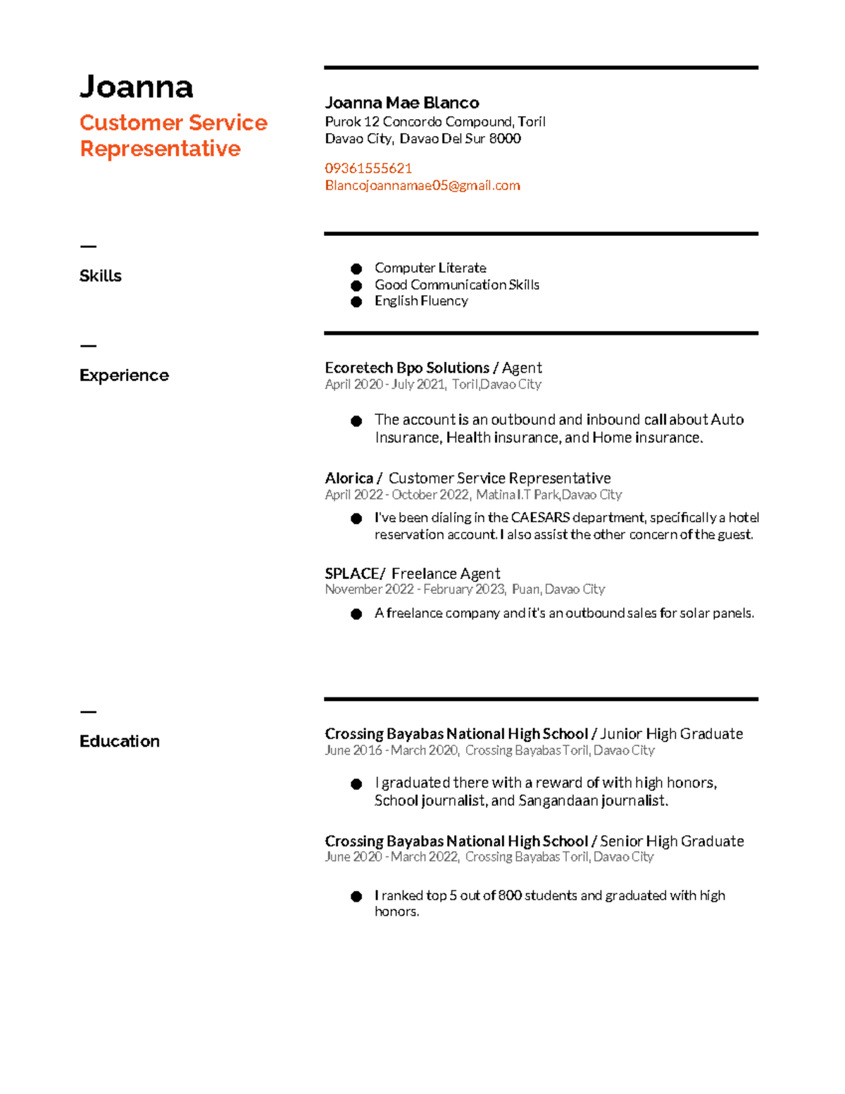 Resume - Dis nuts. - Joanna Customer Service Representative Joanna Mae ...