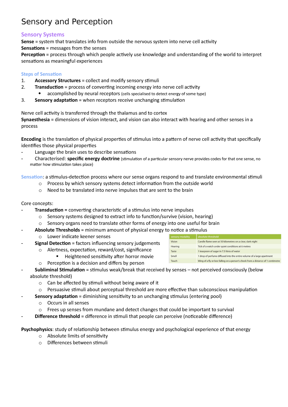 Sensory and Perception Week 5 Notes - Sensory Systems Sense = system ...