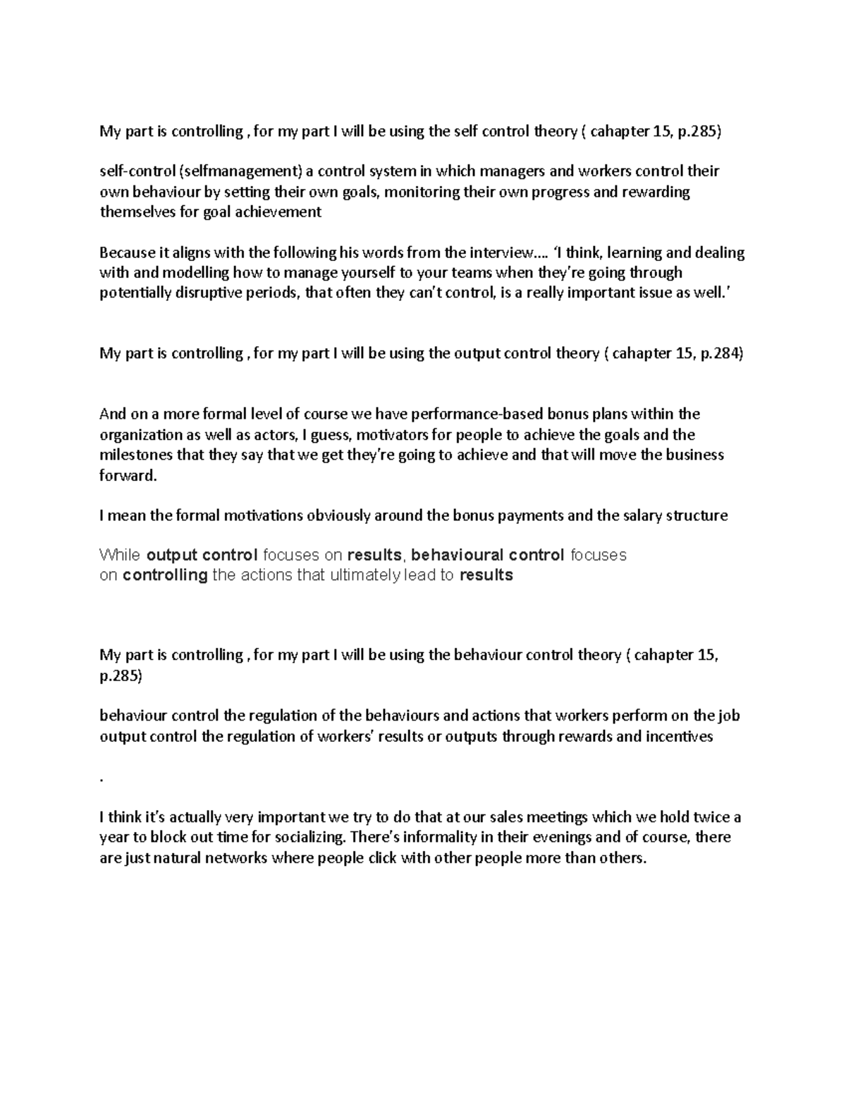 Interview My Part Is Controlling For My Part I Will Be Using The