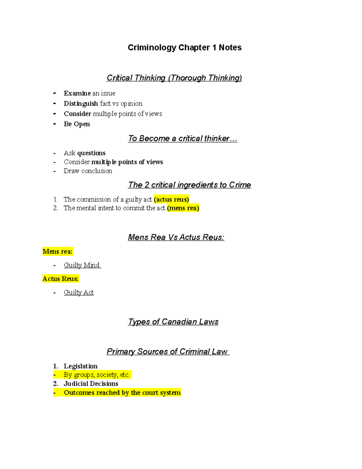 Crim chapter 1 notes - Criminology Chapter 1 Notes Critical Thinking ...