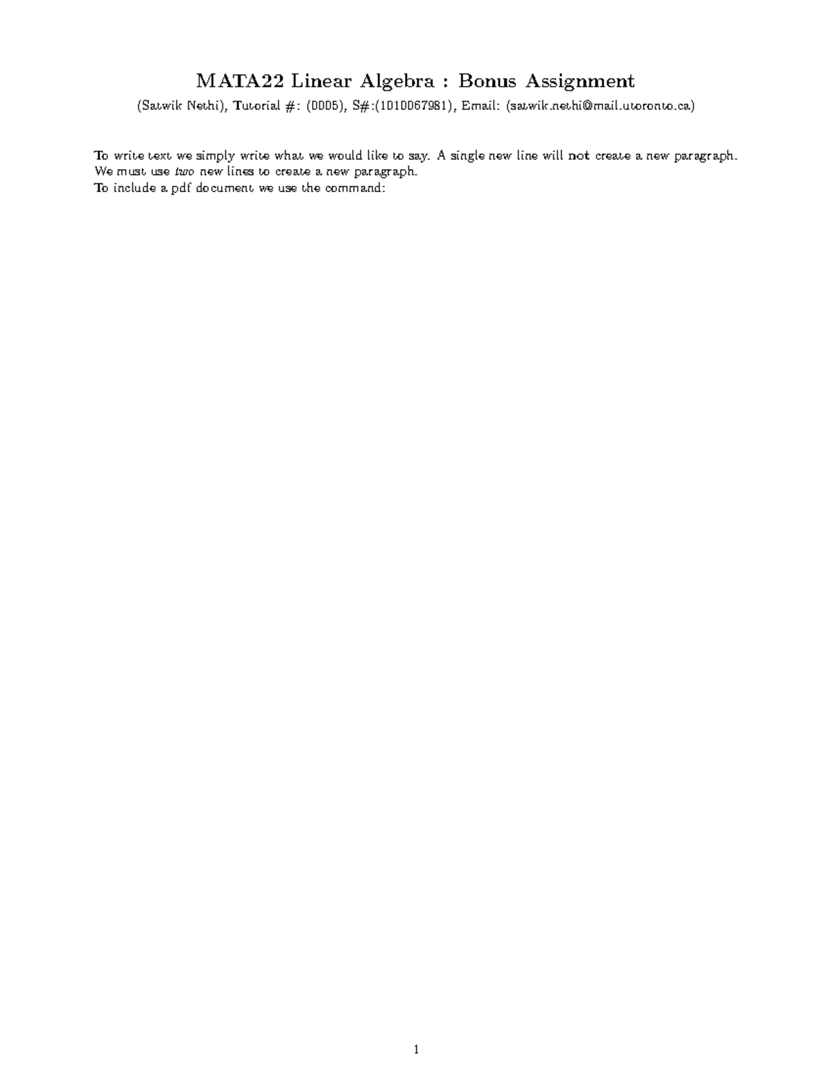 works in math assignment - MATA22 Linear Algebra : Bonus Assignment ...