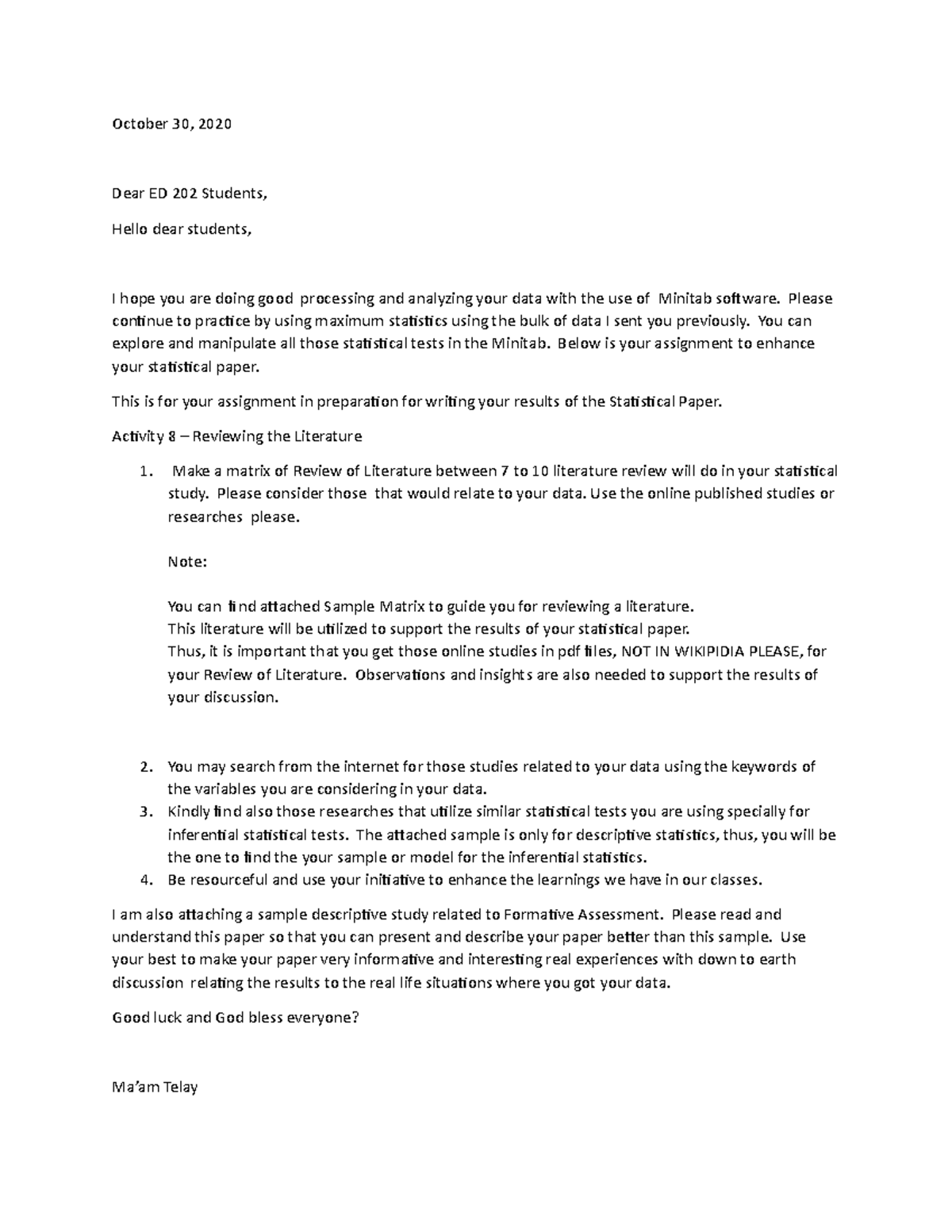 October 30 Assignment - Activity 8 - Review of Literature - October 30 ...