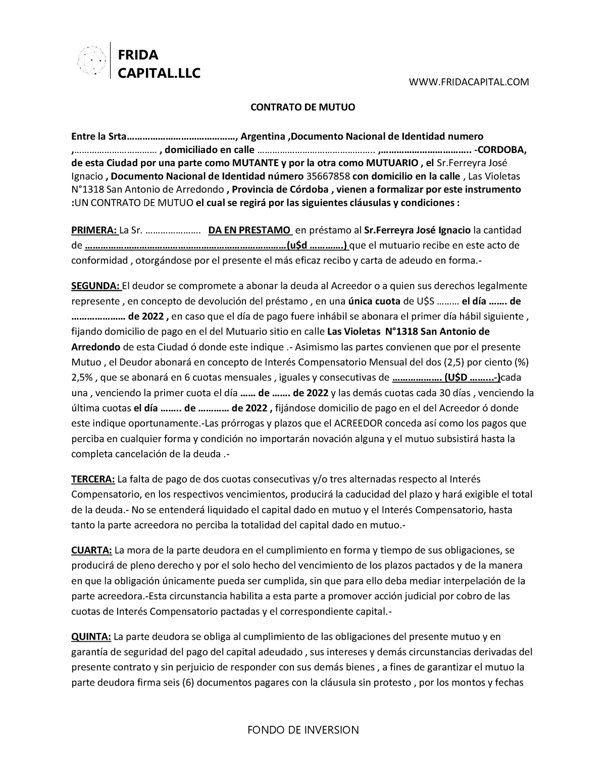 Contrato DE Mutuo-modelo  FONDO DE INVERSION FRIDA  CAPITAL CONTRATO DE MUTUO Entre - Studocu