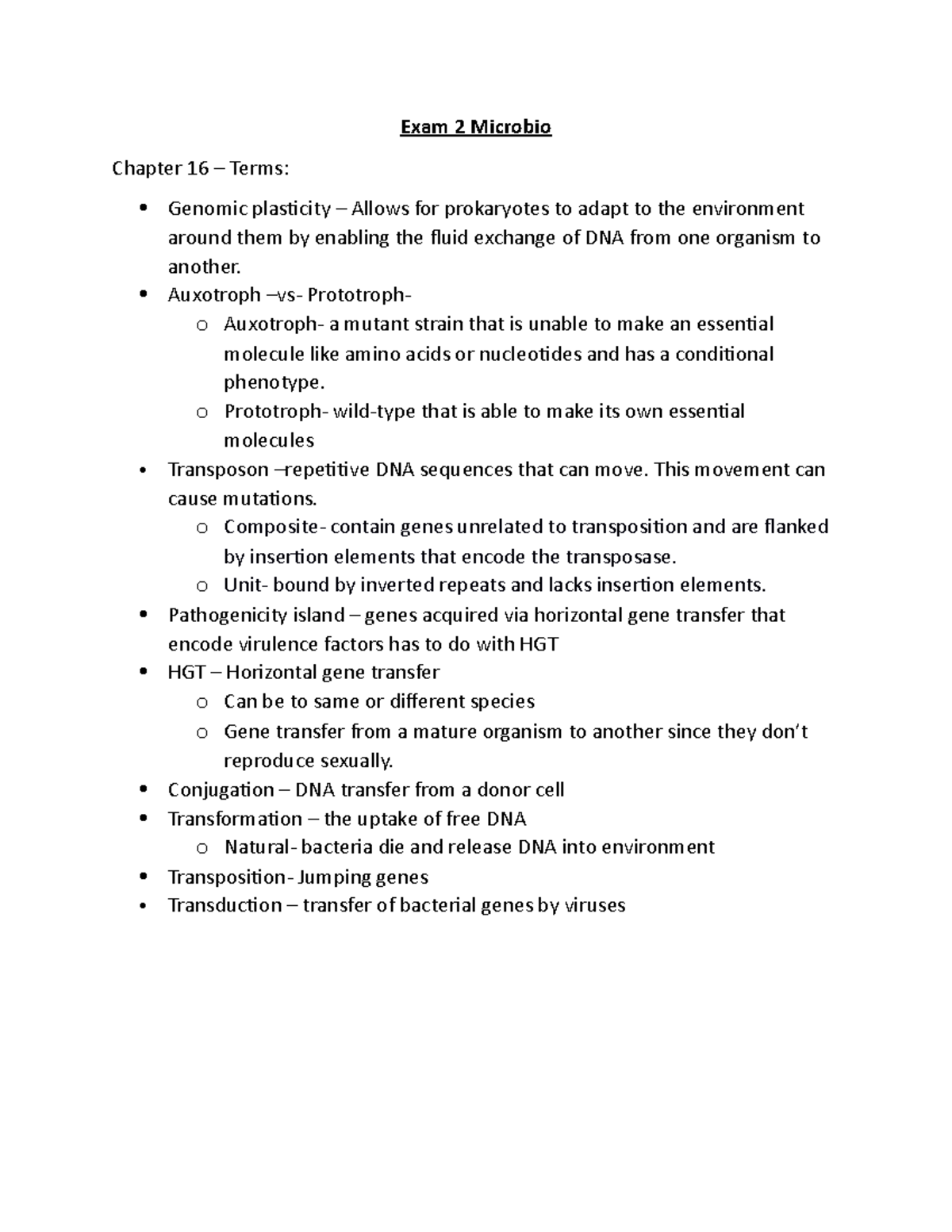 Exam Study Guide Mckillip Exam Microbio Chapter Terms Genomic Plasticity