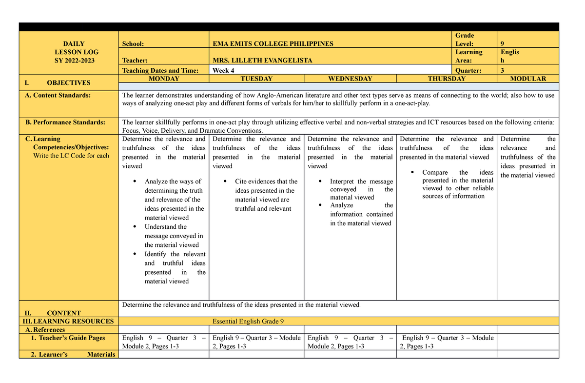 Q3-WEEK 4 Grade 9 English - DAILY LESSON LOG SY 2022- School: EMA EMITS ...