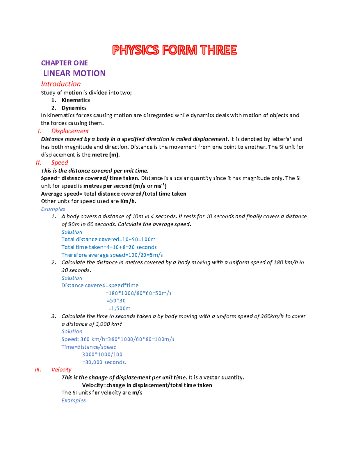 Physics Form 3 Notes Useful CHAPTER ONE LINEAR MOTION Introduction Study Of Motion Is