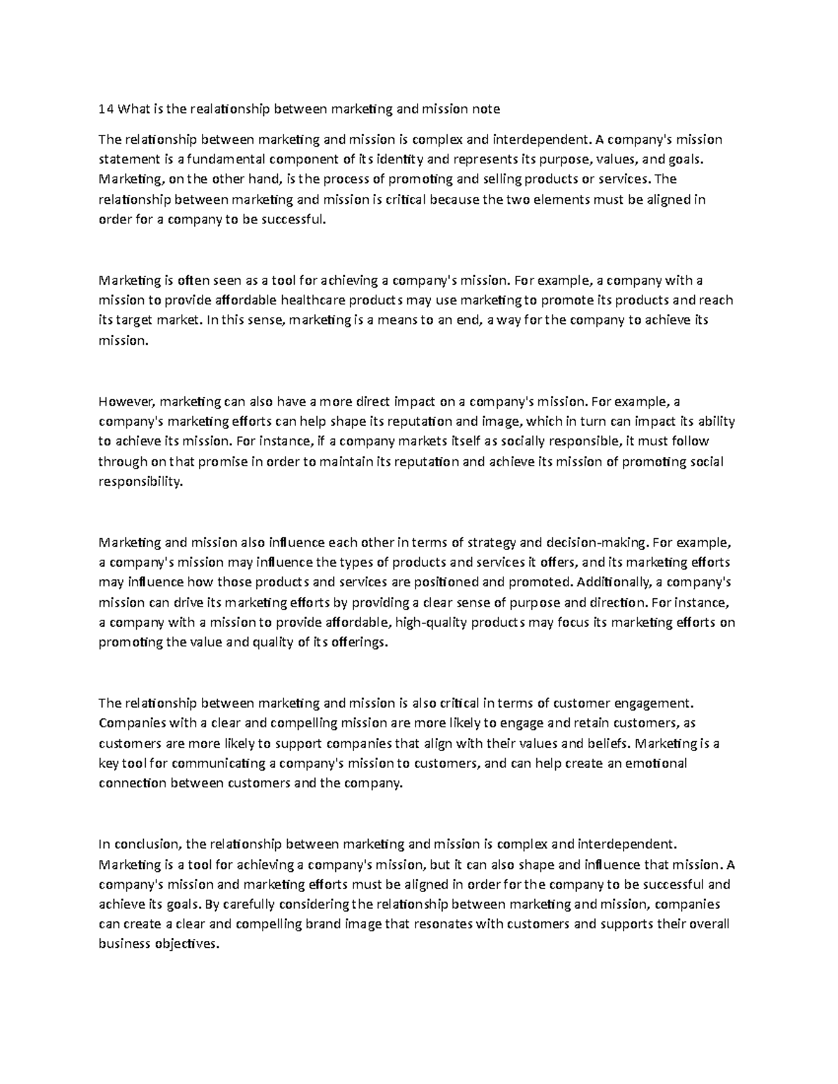 14 What is the realationship between marketing and mission note - A ...