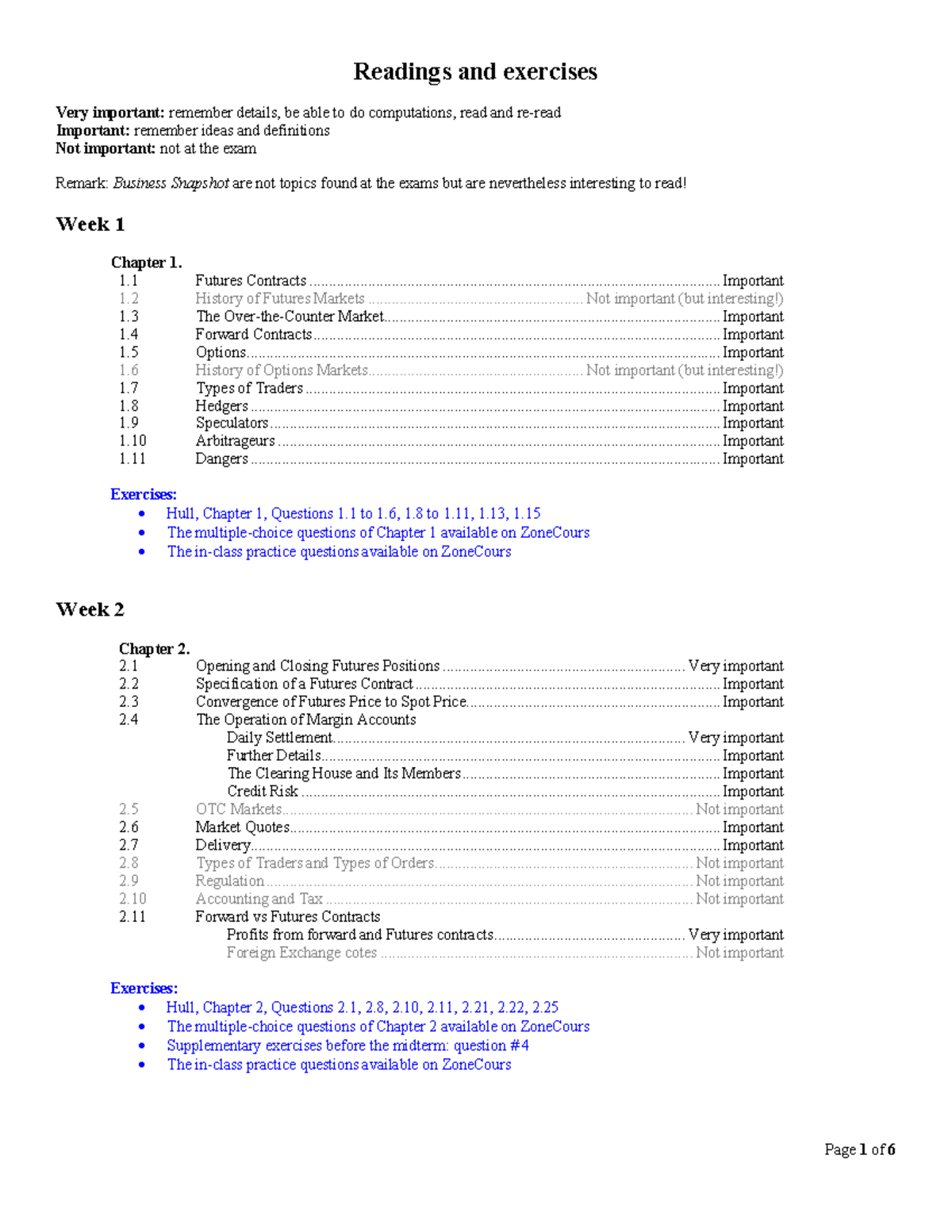 Futures and options readings - Readings and exercises Very important ...