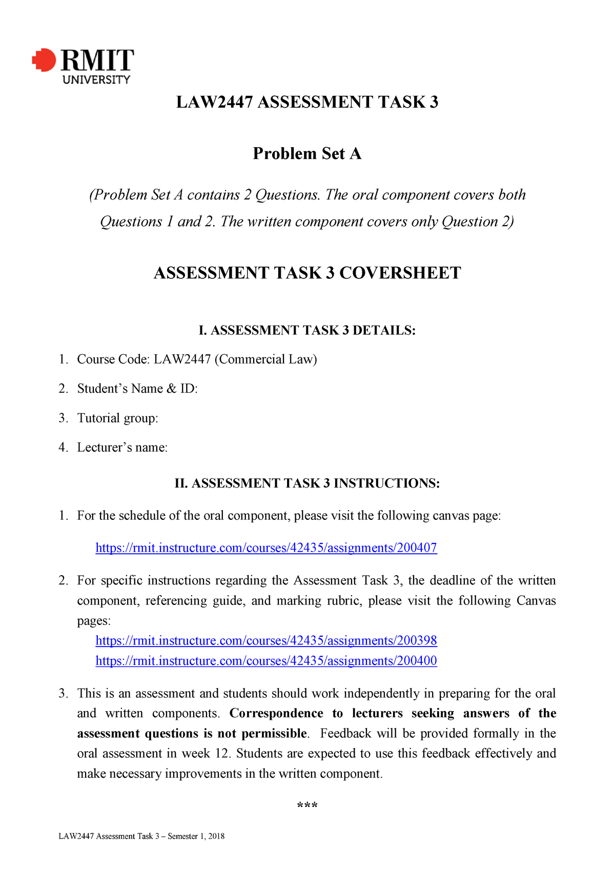 Problem Set A - Oral Assessment - LAW2447 ASSESSMENT TASK 3 Problem Set ...