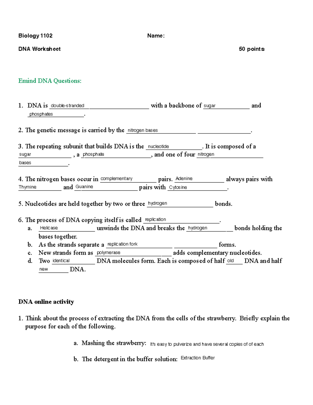 Biology 1102 DNA Lab - LABS - Biology 1102 Name: DNA Worksheet 50 ...