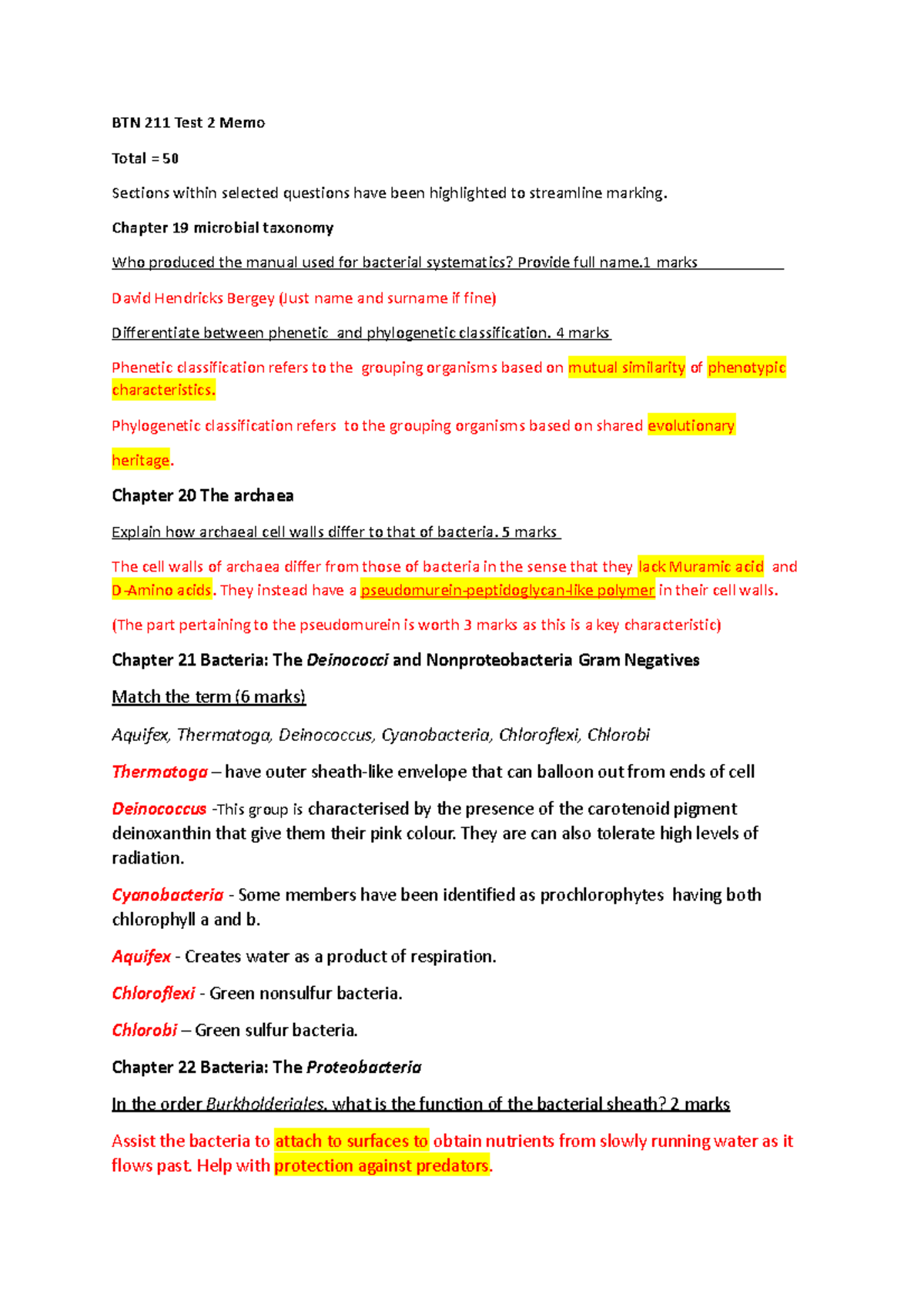 BTN 211 test 2 MEMO 3 - notes - BTN 211 Test 2 Memo Total = 50 Sections ...