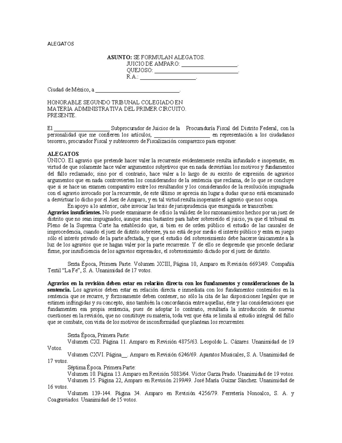 Alegatos - ALEGATOS ASUNTO: SE FORMULAN ALEGATOS. JUICIO DE AMPARO