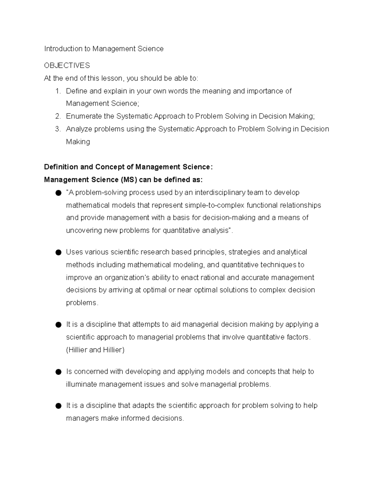 Introduction of Man Sci - Introduction to Management Science OBJECTIVES ...