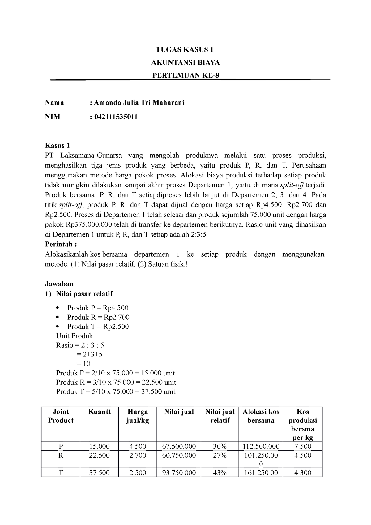 Tugas Kasus 1 - Akuntansi Biaya - TUGAS KASUS 1 AKUNTANSI BIAYA ...