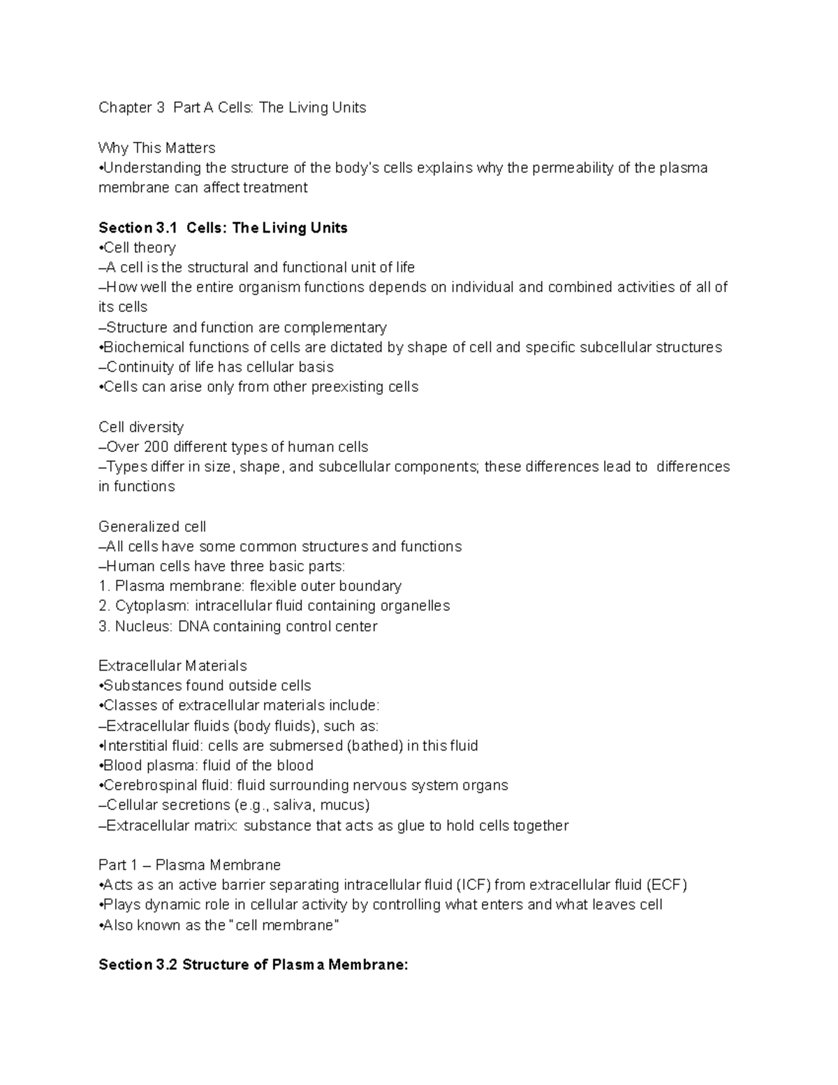 Ch.3 BIOL 244 Notes - Chapter 3 Part A Cells: The Living Units Why This ...