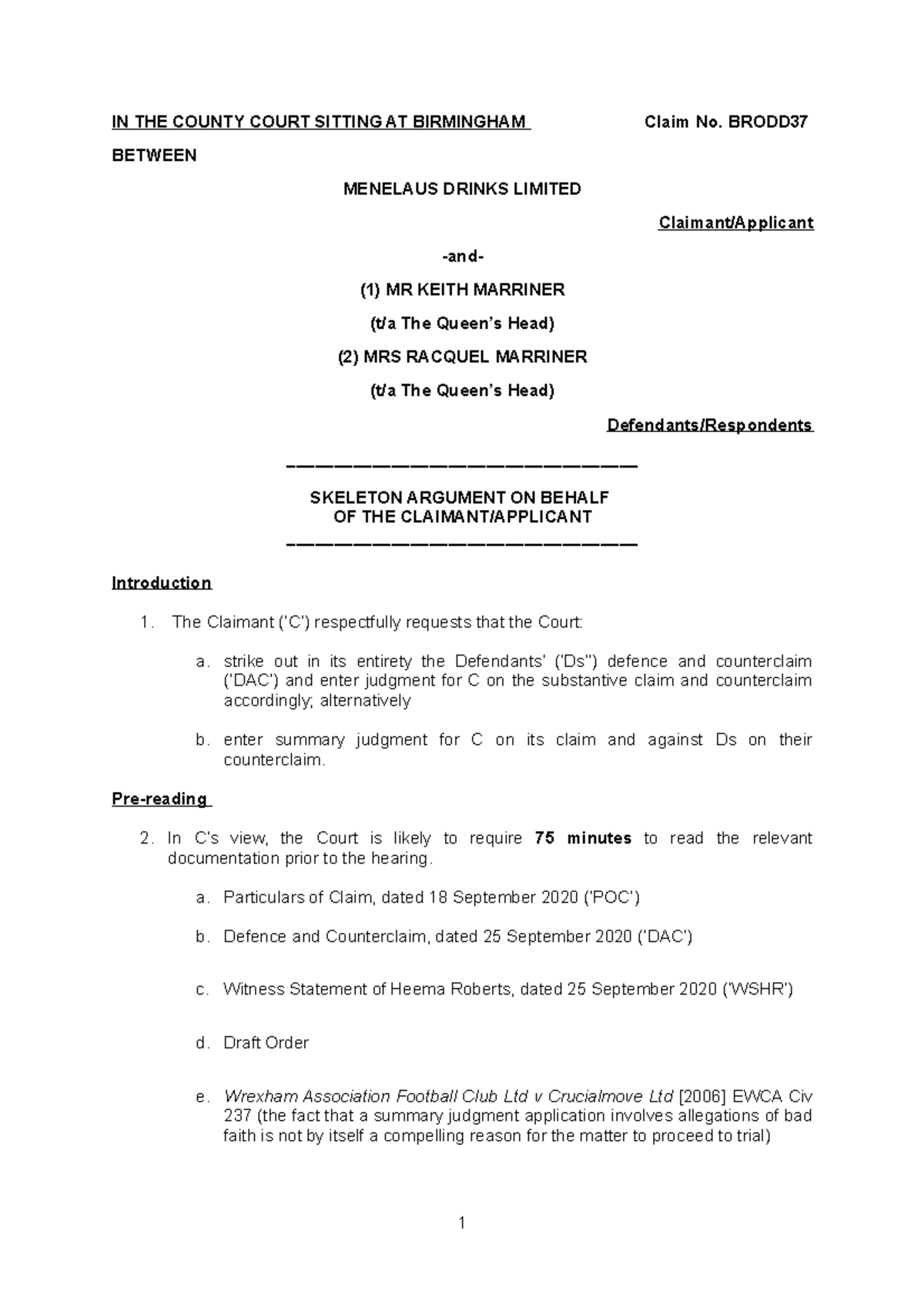 BTC1+CS+W3 - Skeleton Argument draft - IN THE COUNTY COURT SITTING AT ...