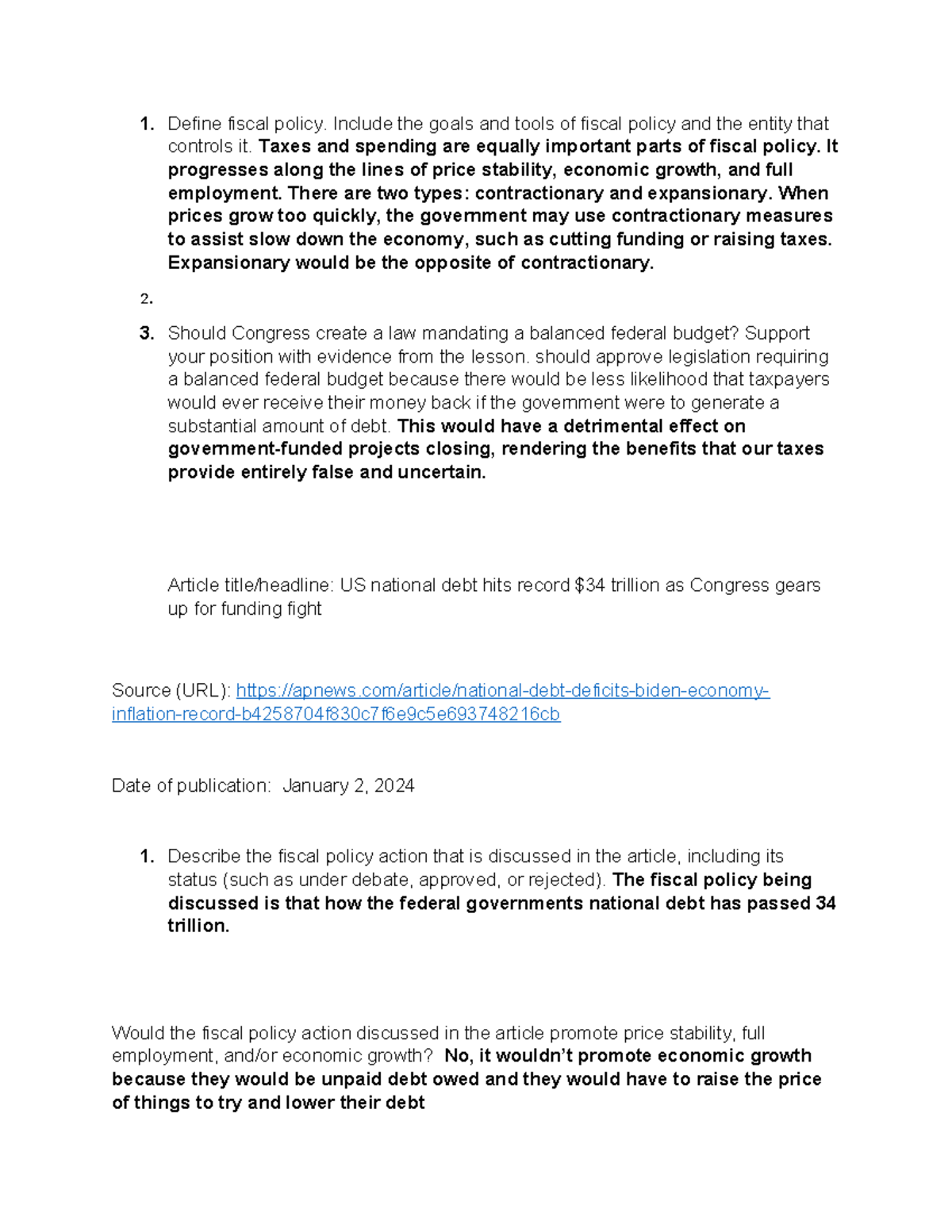 Fiscal Policy Overview and National Debt Analysis - 1. Define fiscal ...