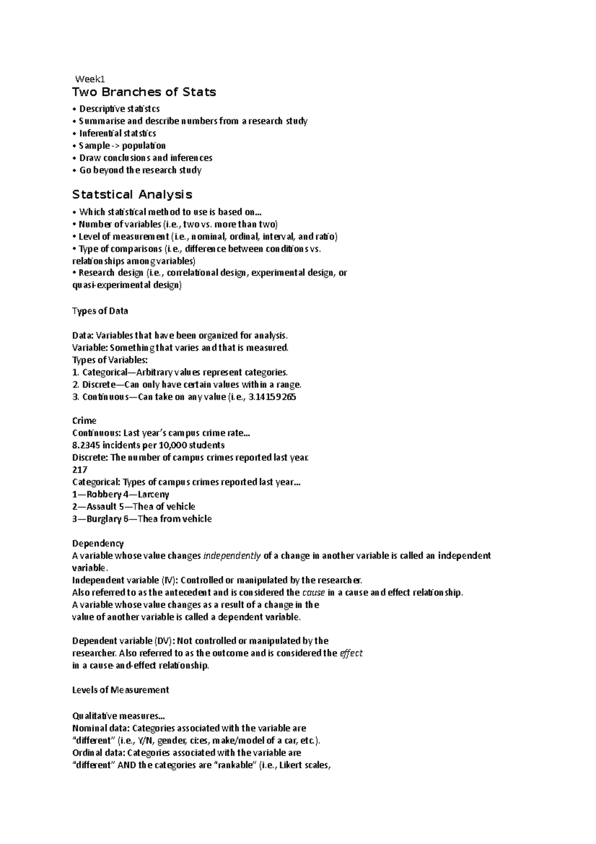 Stats notes - Summaries of semester 2 course content - Week Two ...