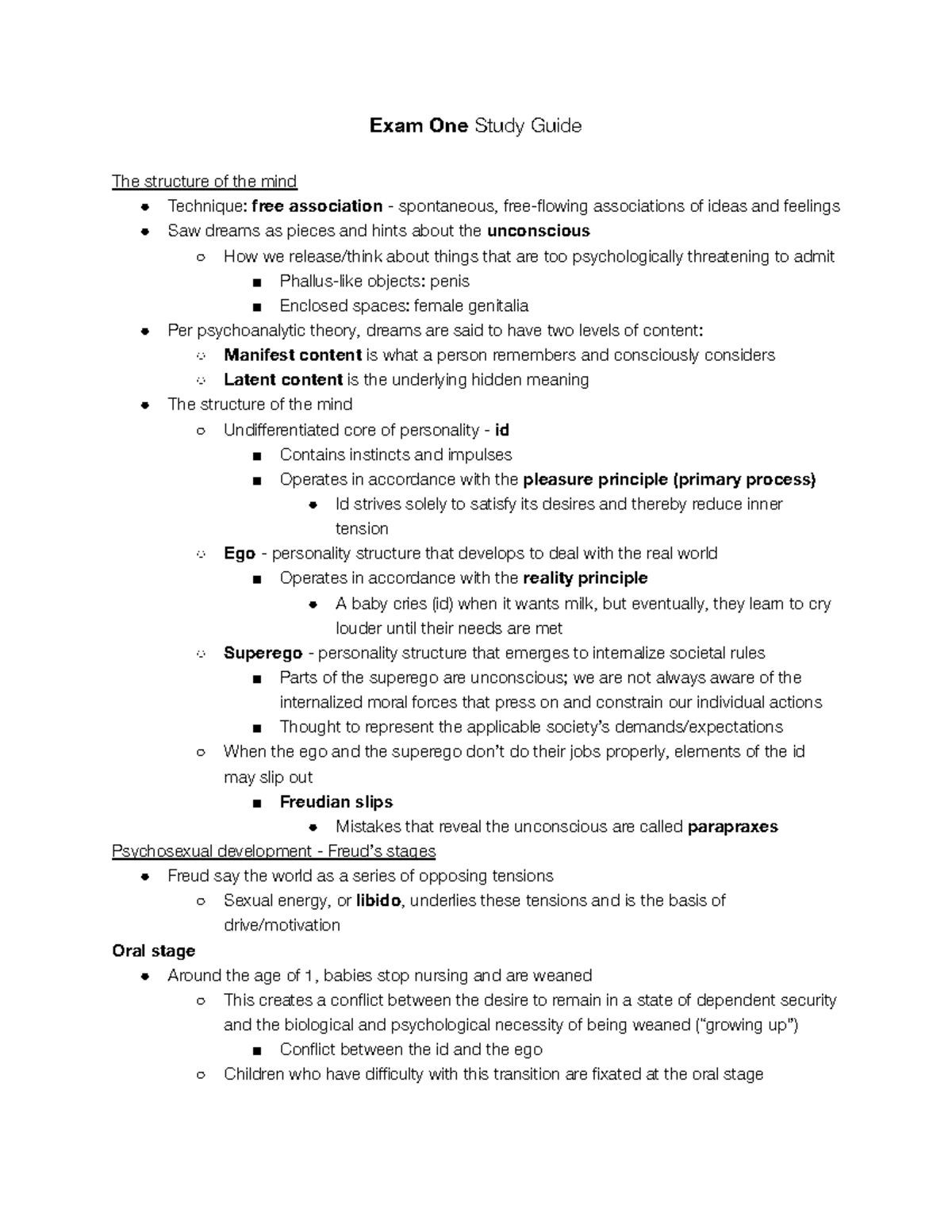 Exam 1 Study Guide - Exam One Study Guide The structure of the mind ...