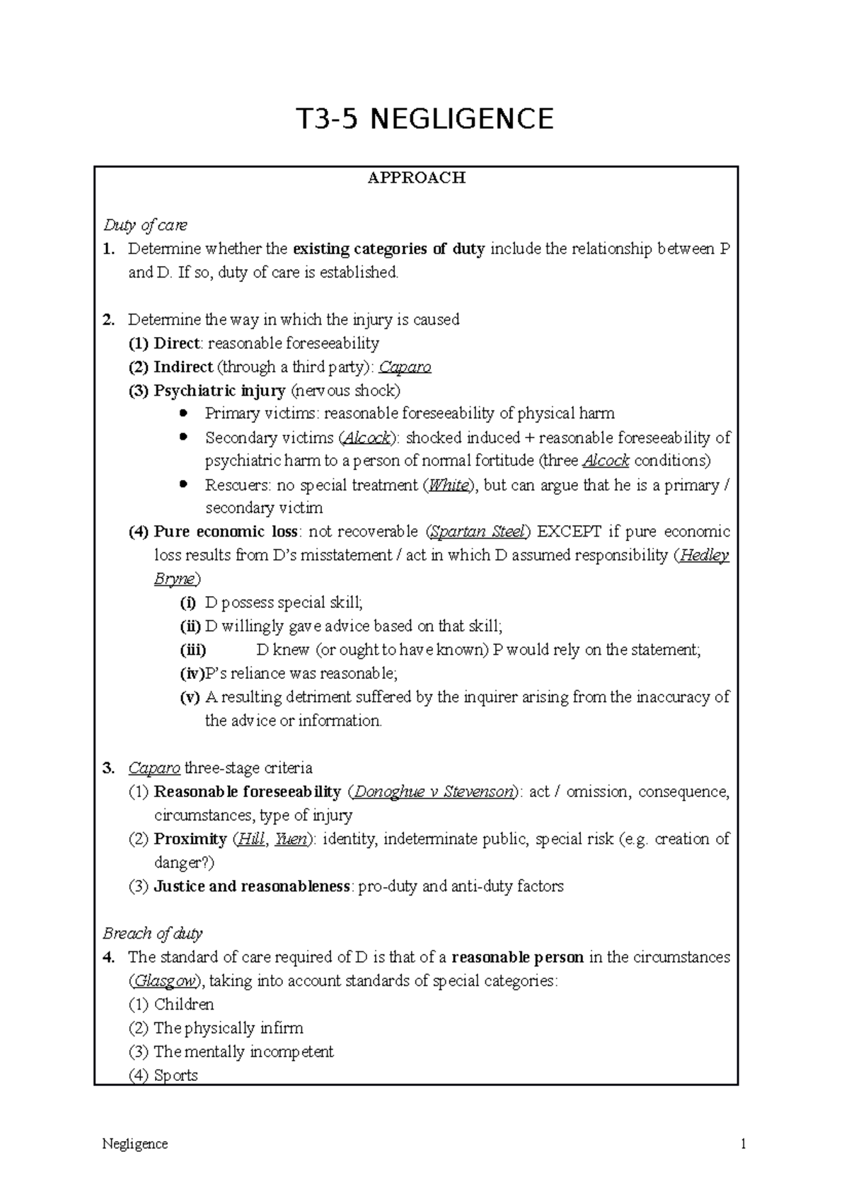 Topic 3-5 Negligence - Summary Law of Tort - NEGLIGENCE APPROACH Duty ...