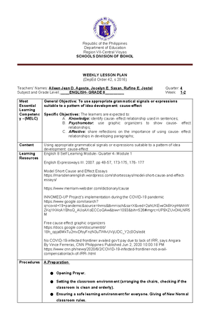 Lesson PLAN of English - Instructional Plan (IPlan) Learning Area ...