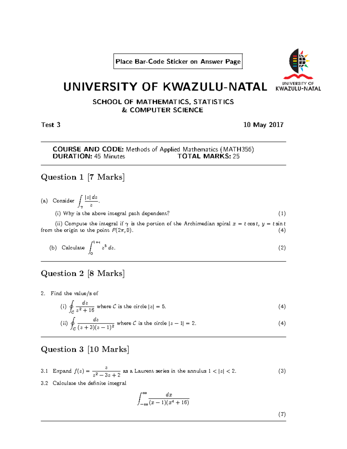 Math 356 Test 3 2017 , method of applied mathematics - Place Bar-Code ...