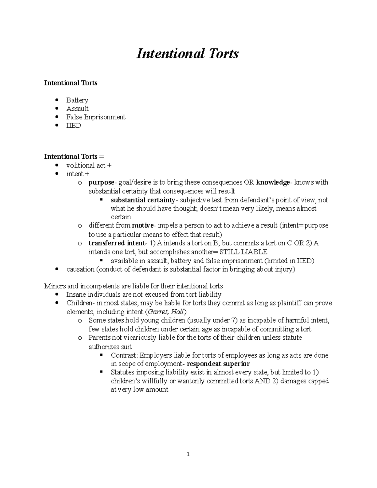 Torts - Schechter - Fall 2008 - Intentional Torts Intentional Torts ...