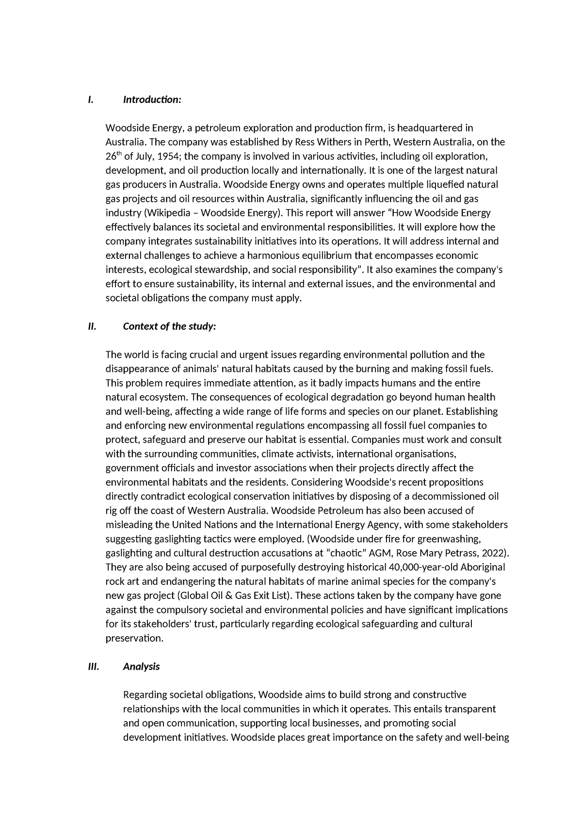 Assignment 1 - Business IN Society - I. Introduction: Woodside Energy ...